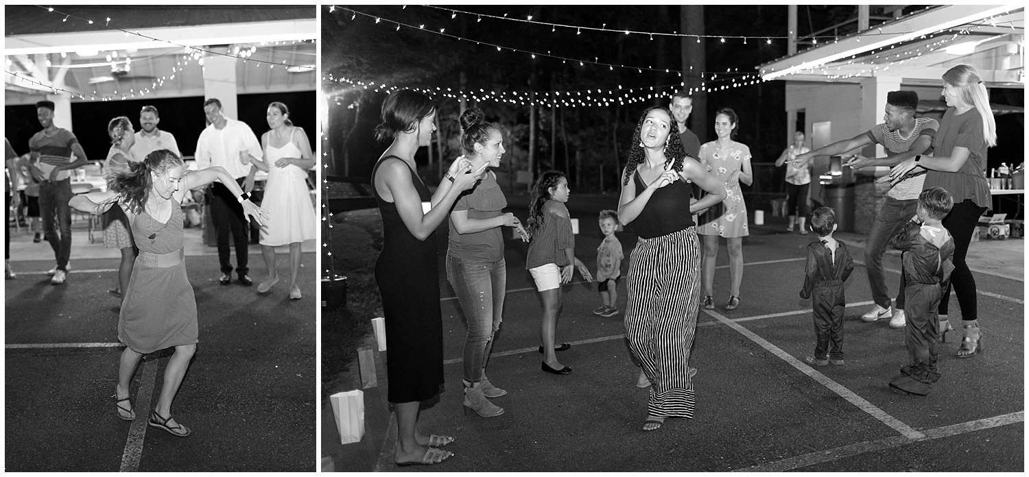 wedding reception dancing in black and white