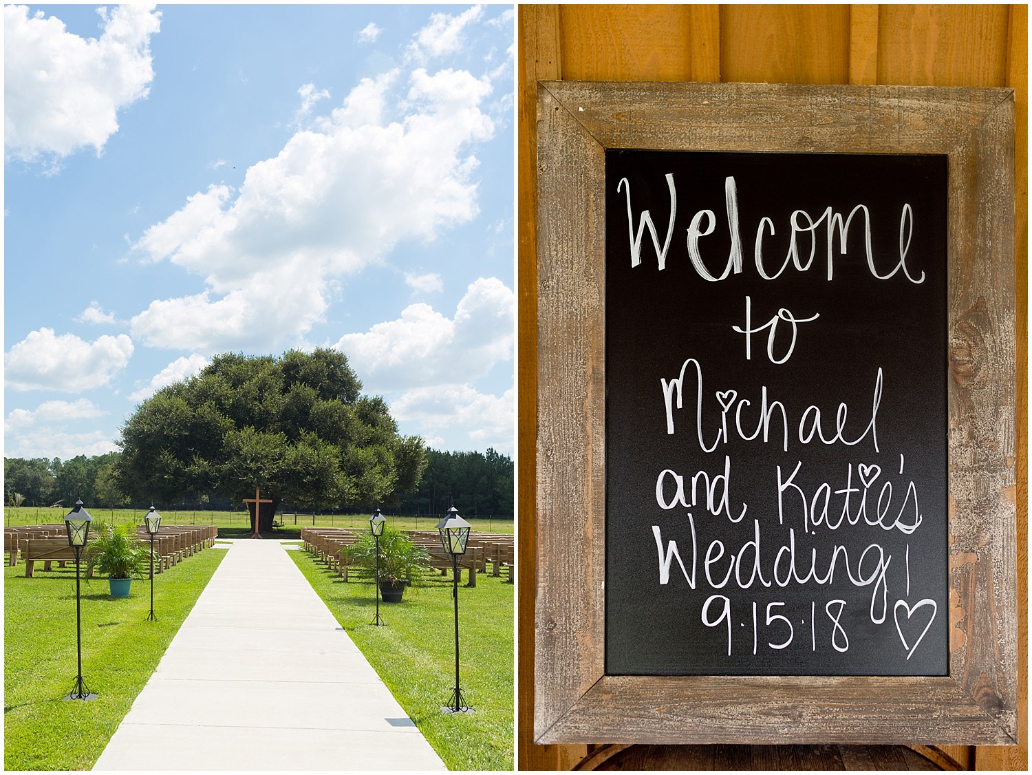 Chalkboard wedding sign and outdoor ceremony site in South Mississippi