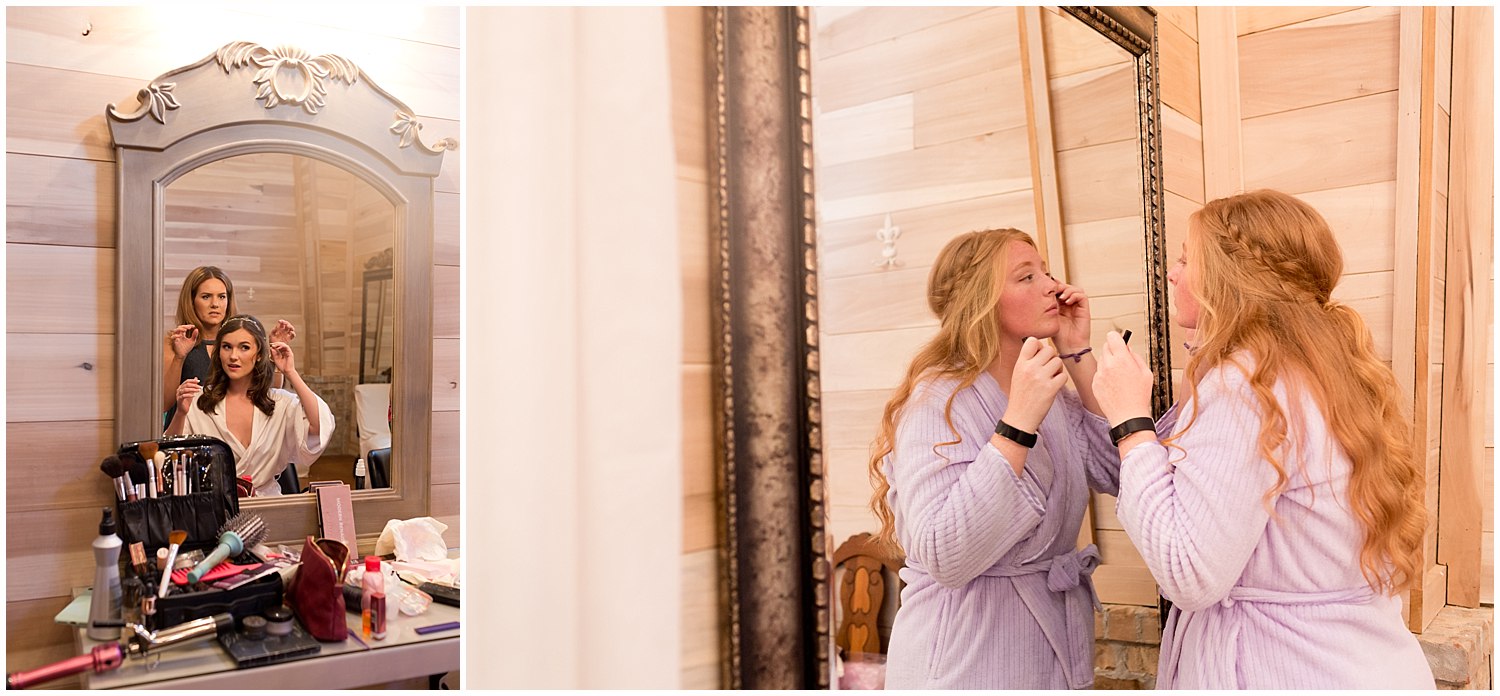 bride and bridesmaid putting on makeup at The Barn at Love Farms