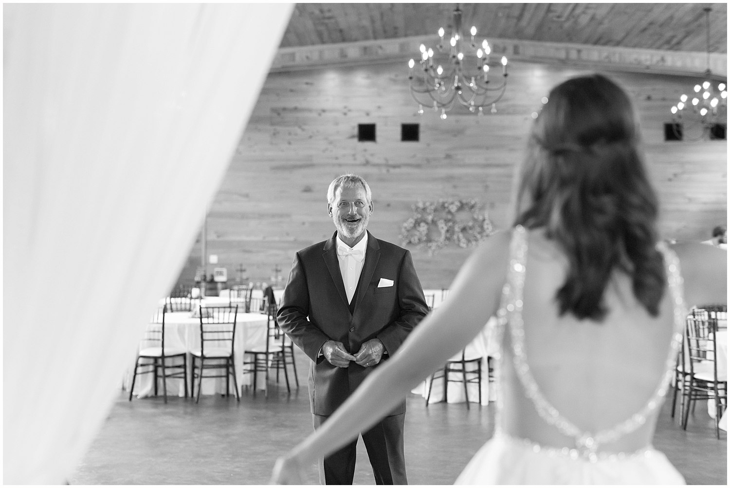 first look with father of the bride at The Barn at Love Farms