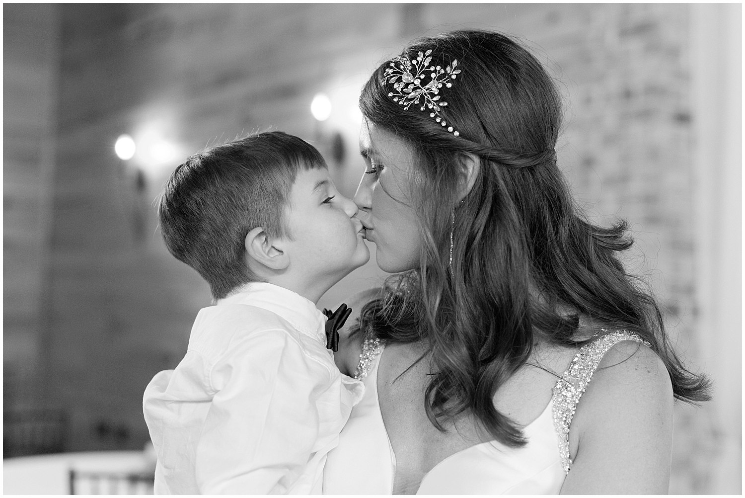 bride and toddler son on wedding day