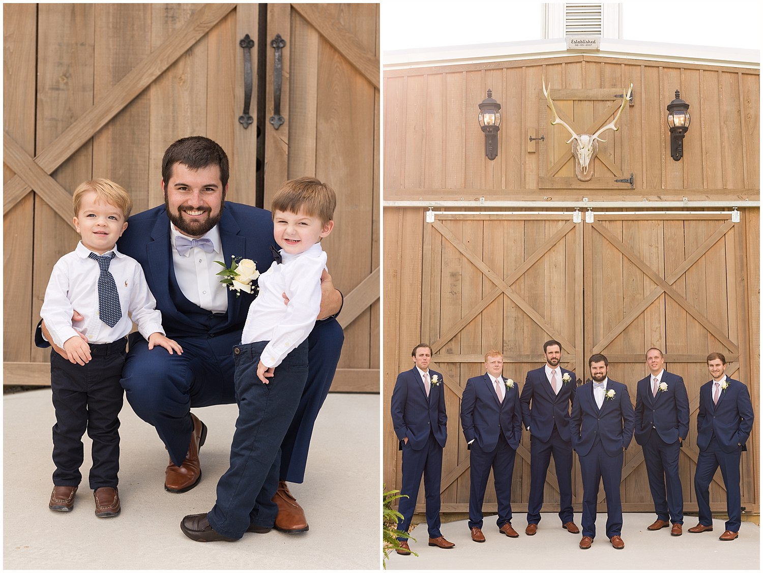 groom, groomsmen, and ring-bearers at barn wedding in South Mississippi