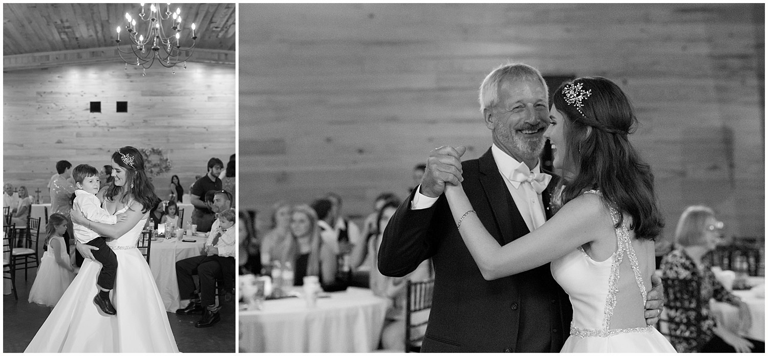 father daughter and mother son dance at wedding at The Barn at Love Farms