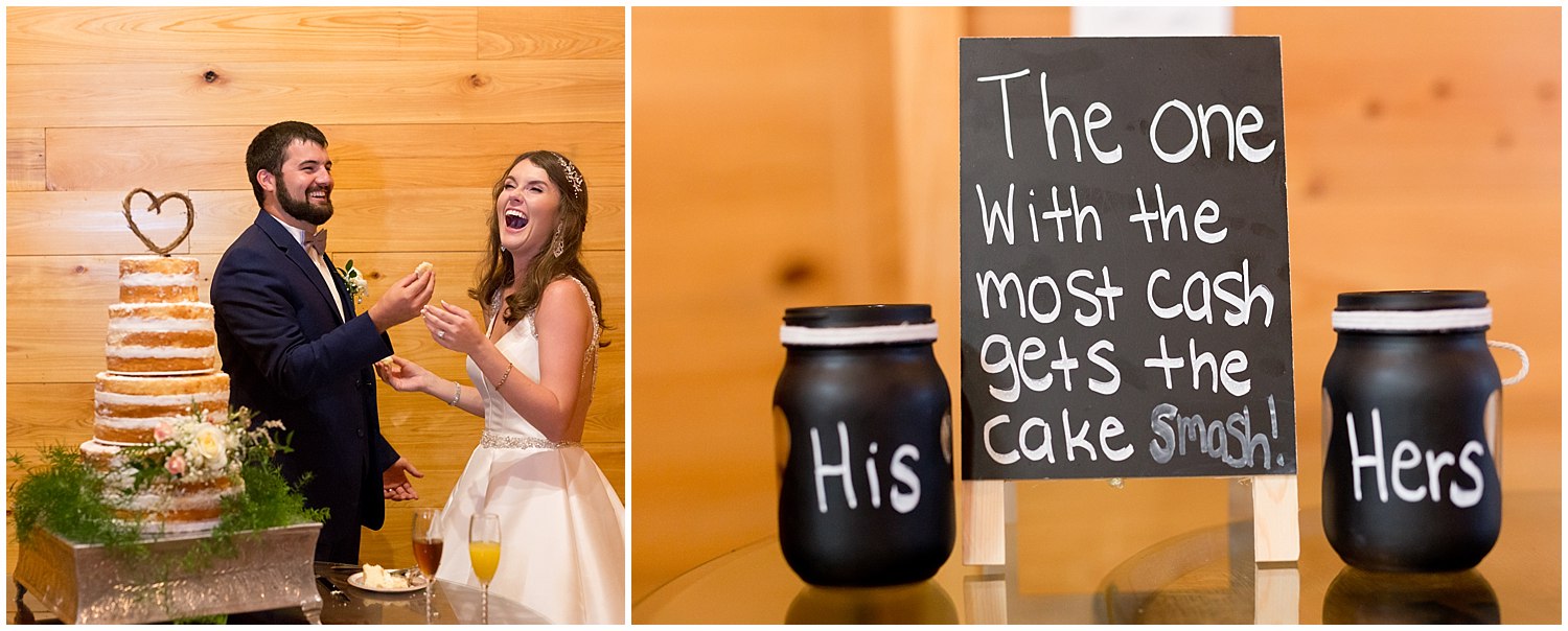 couple cutting cake with cute sign at The Barn at Love Farms