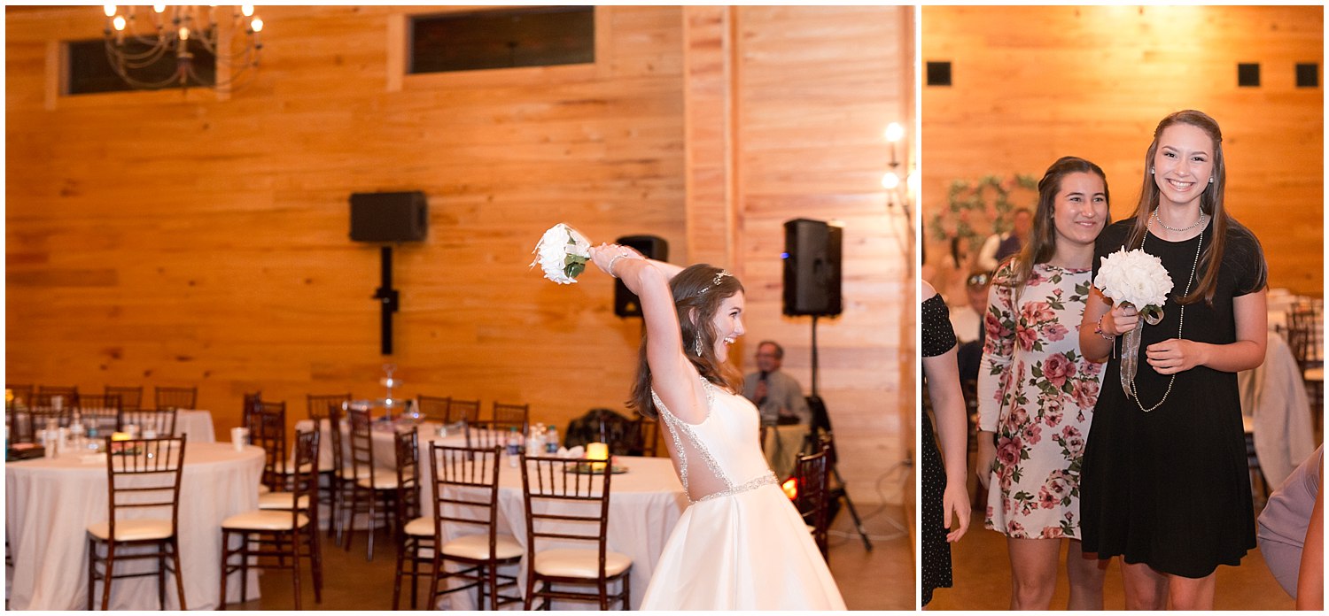 bouquet toss at barn wedding in South Mississippi