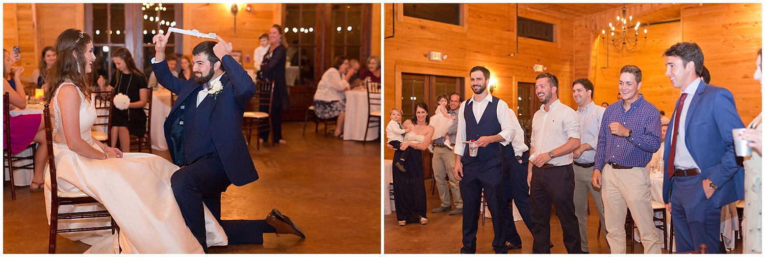 garter toss at barn wedding at The Barn at Love Farms