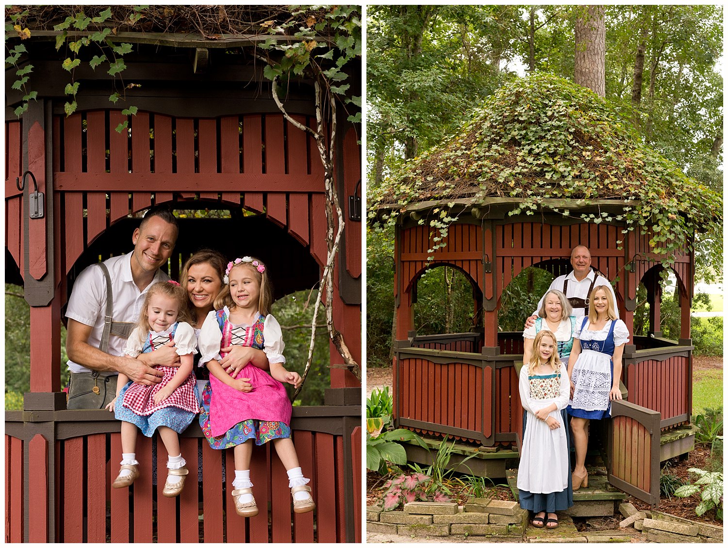 cute family photo with German clothing and gazebo in Ocean Springs, Mississippi