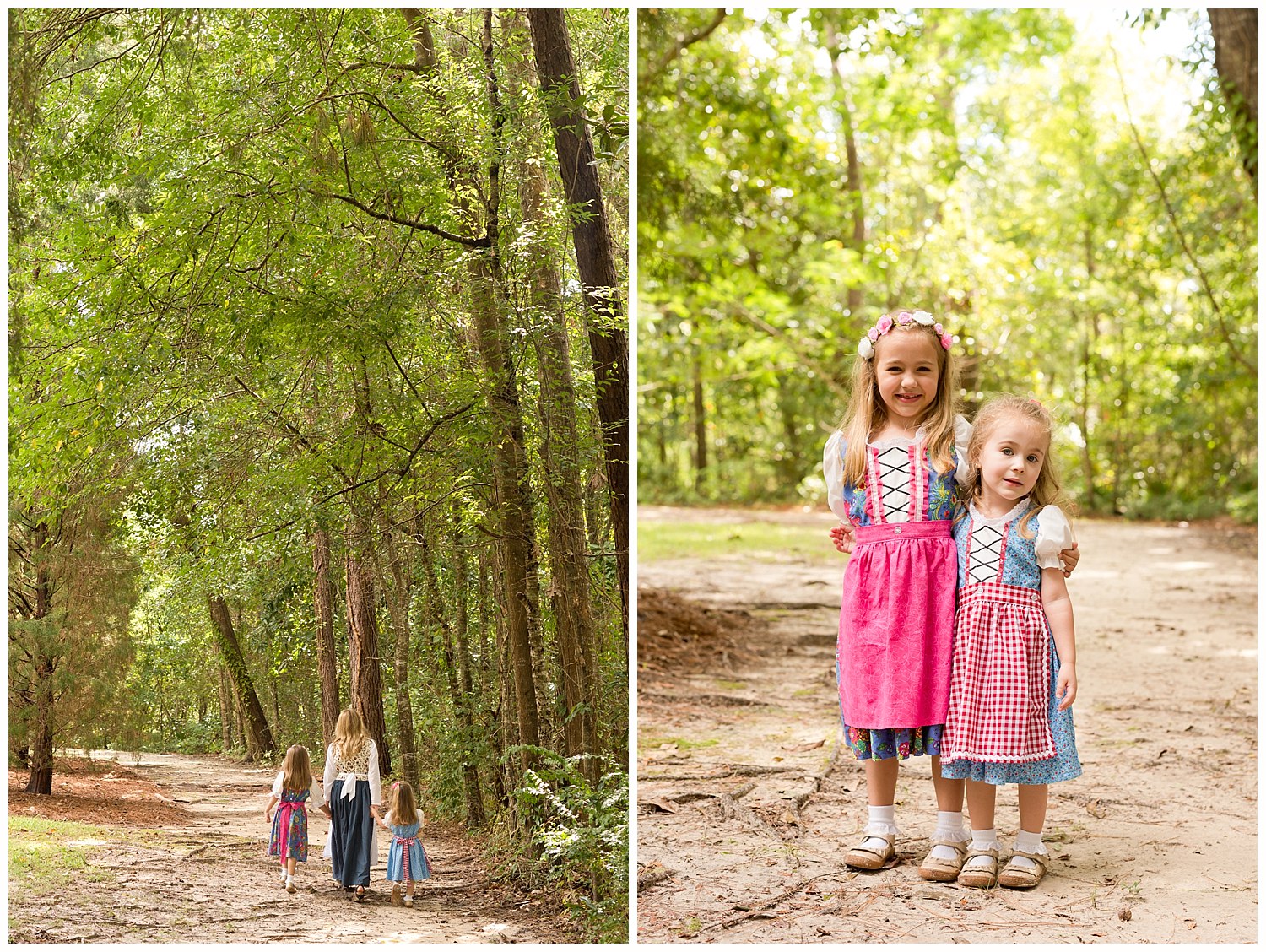 sisters and cousin in dirdnl dresses in the woods