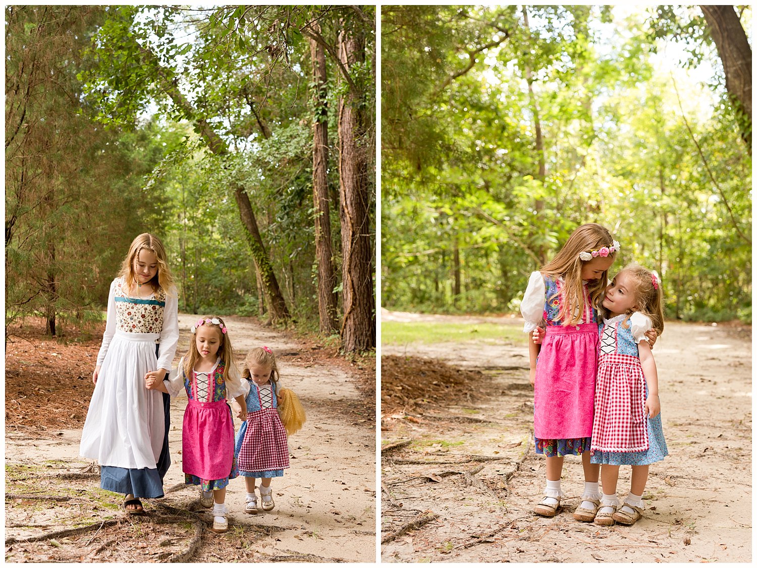 cousins and sisters in the woods with authentic German dresses - Ocean Springs, MS photographer