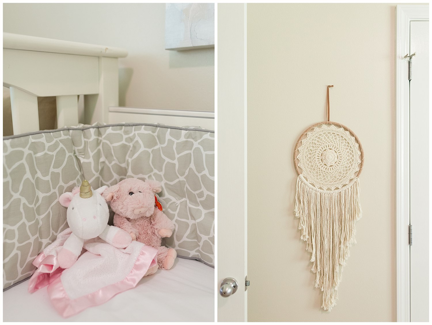 baby girl nursery details - dream catcher and stuffed animals in crib