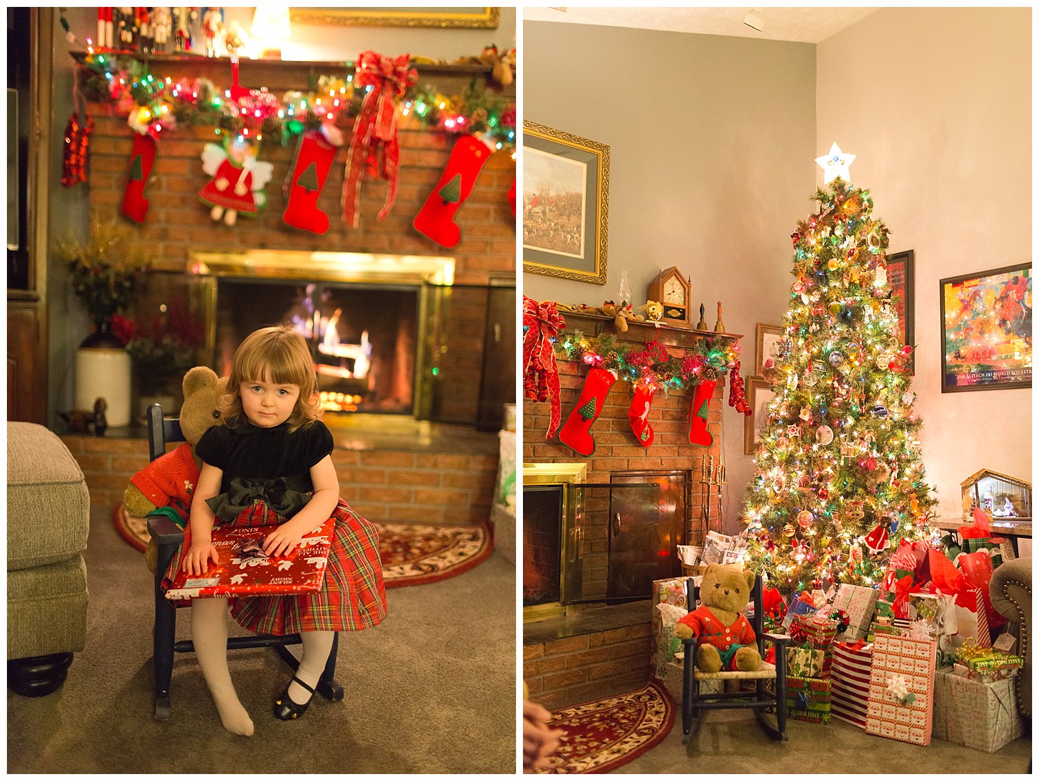 traditional Christmas Eve photos with little girl in rocking chair, fireplace, Christmas tree
