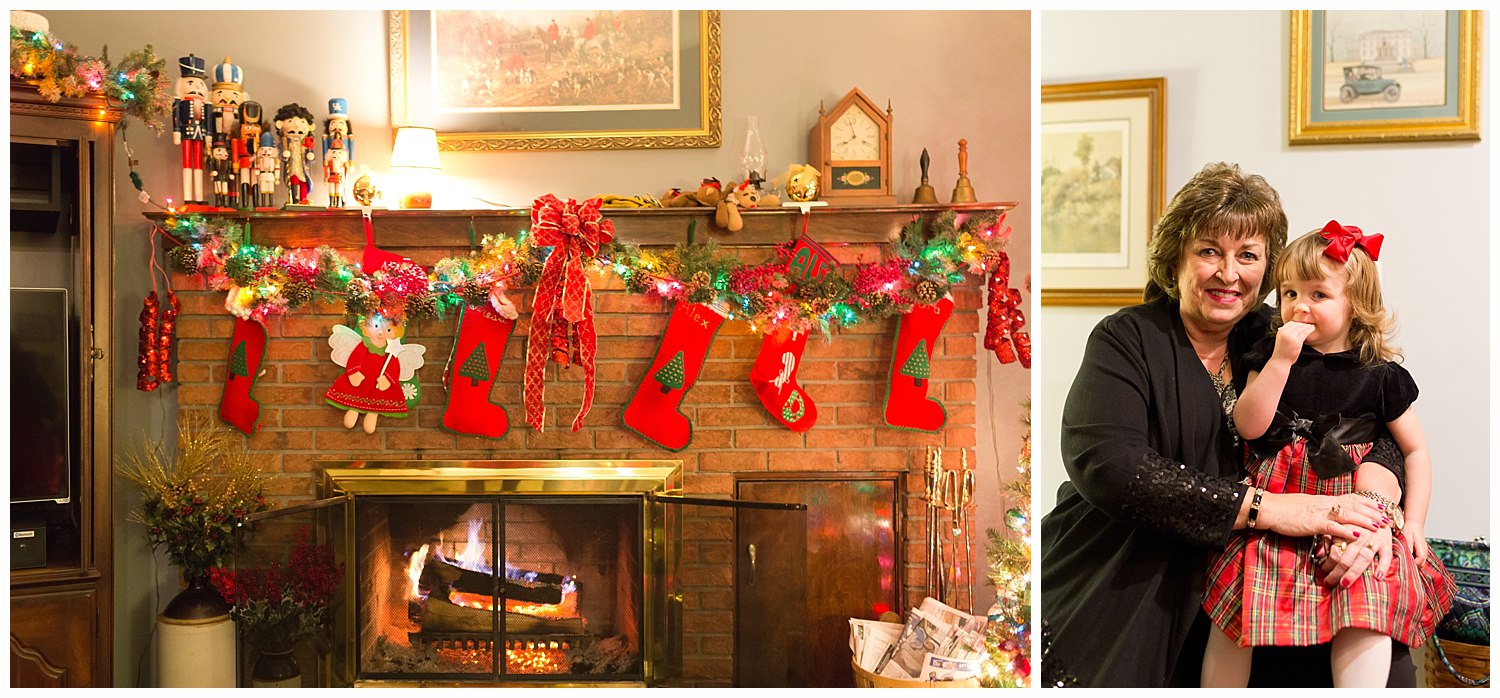 traditional Christmas decorations on mantel, stockings, greenery, nutcrackers