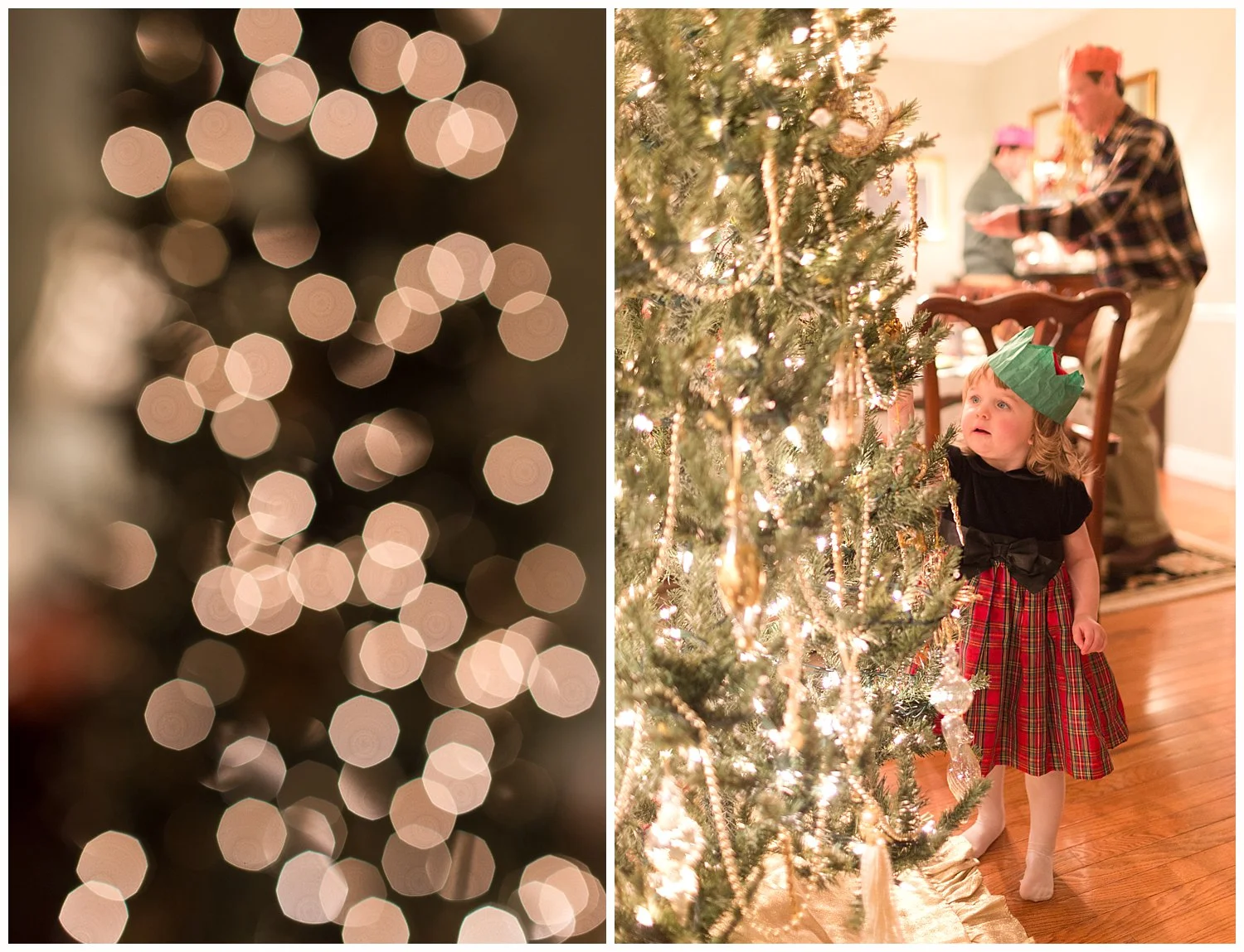 two year old girl playing with fancy Christmas tree