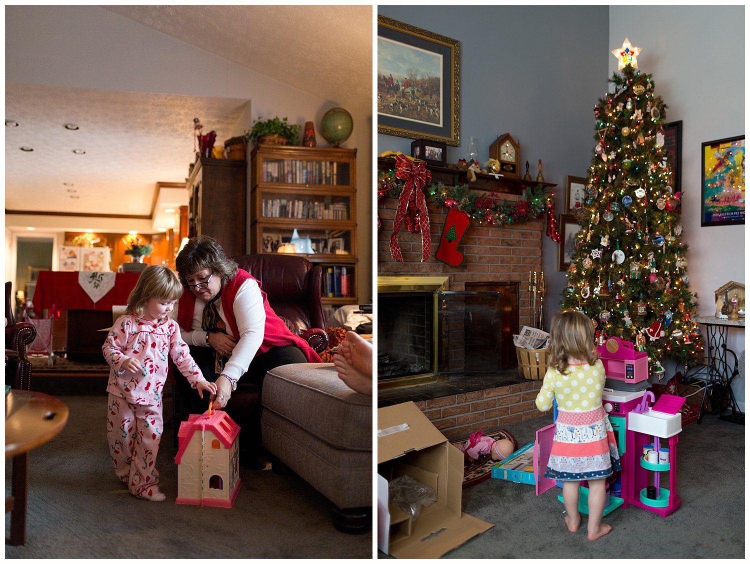 toddler girl with new dollhouse and toy kitchen on Christmas morning