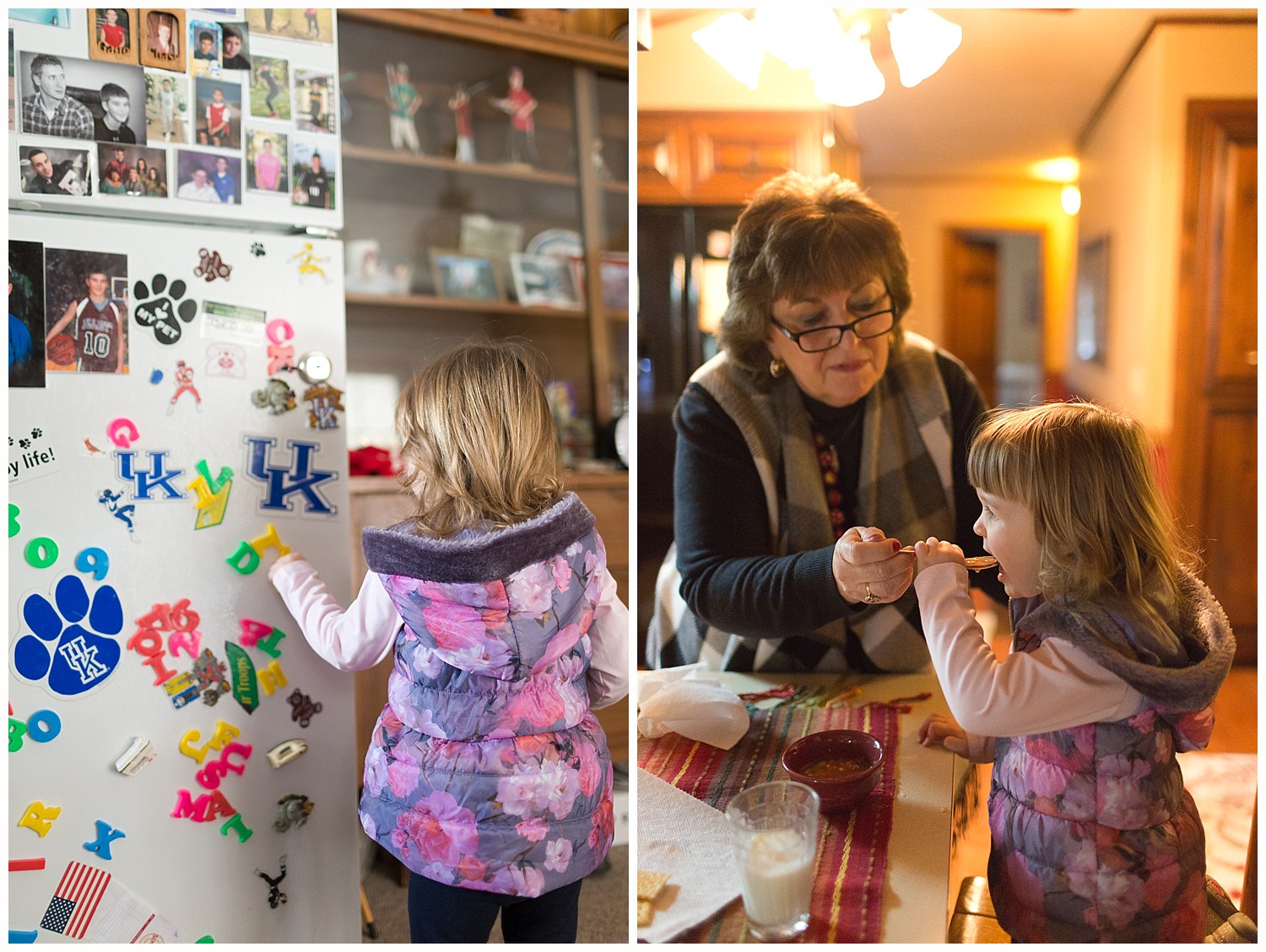 toddler girl eating soup and playing with refrigerator magnets