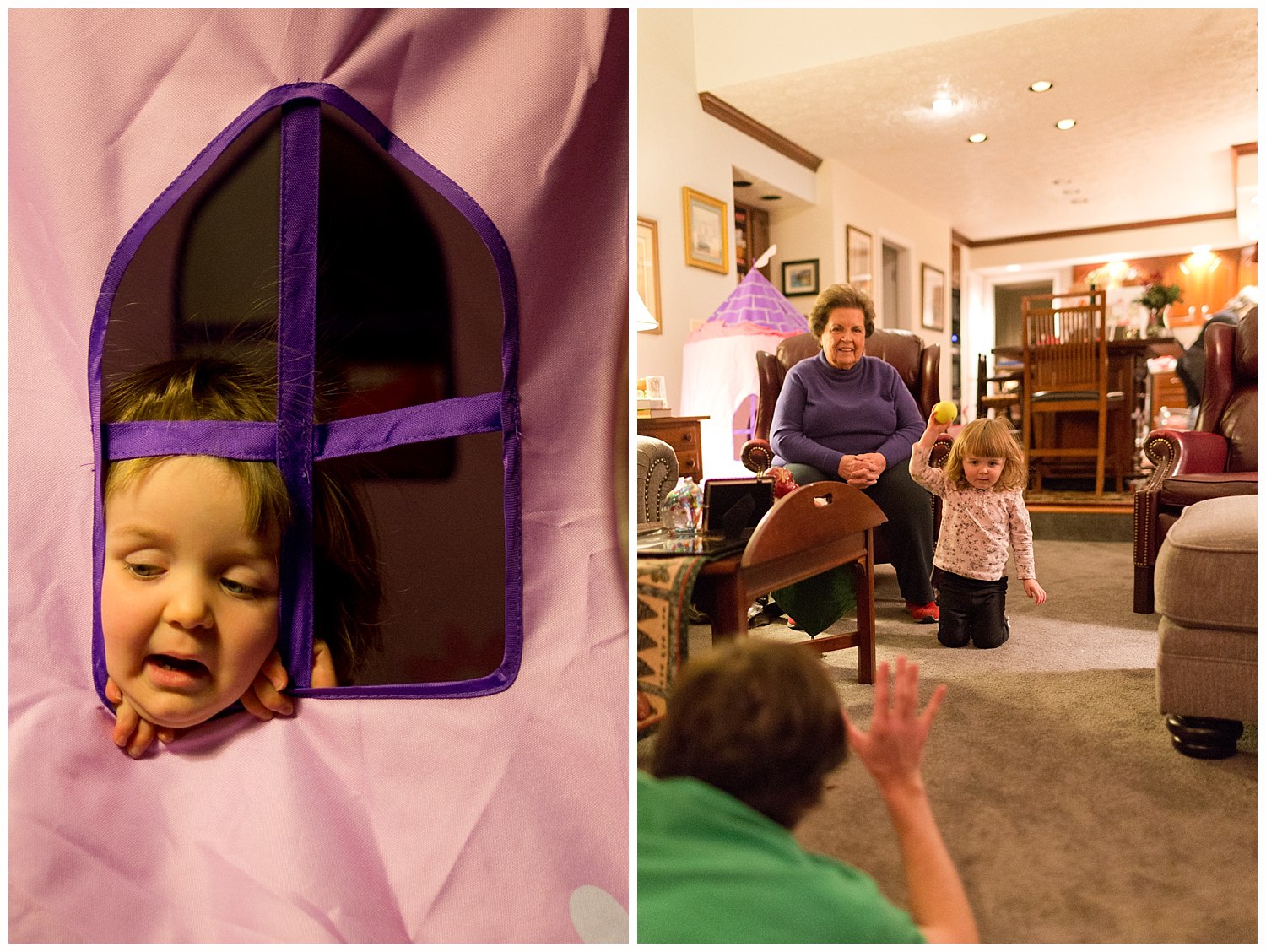 little girl playing with family at Christmas time