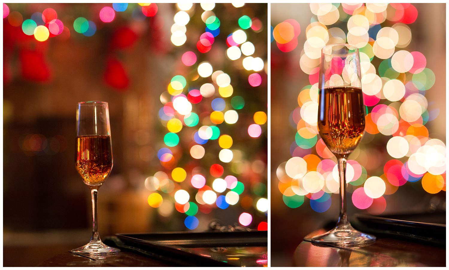 champagne and colorful Christmas light bokeh