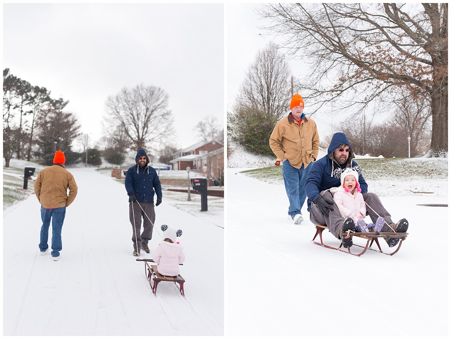 little girl sledding with dad and grandfather