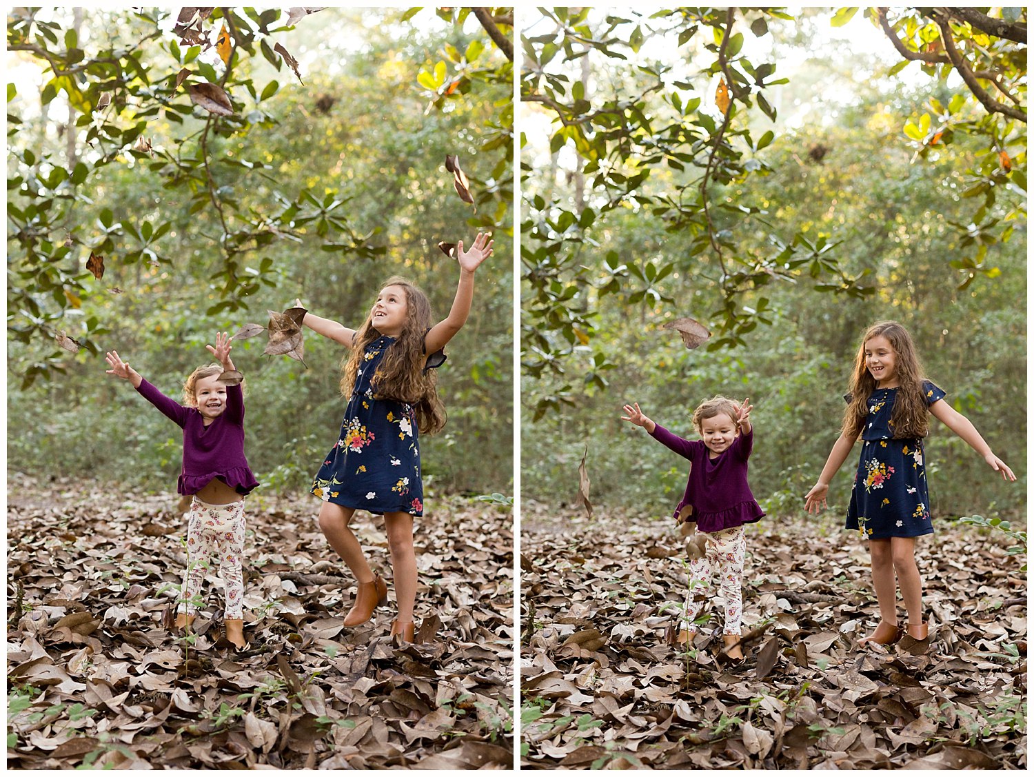 sisters throwing magnolia leaves into the air - fun family photos in Ocean Springs, MS