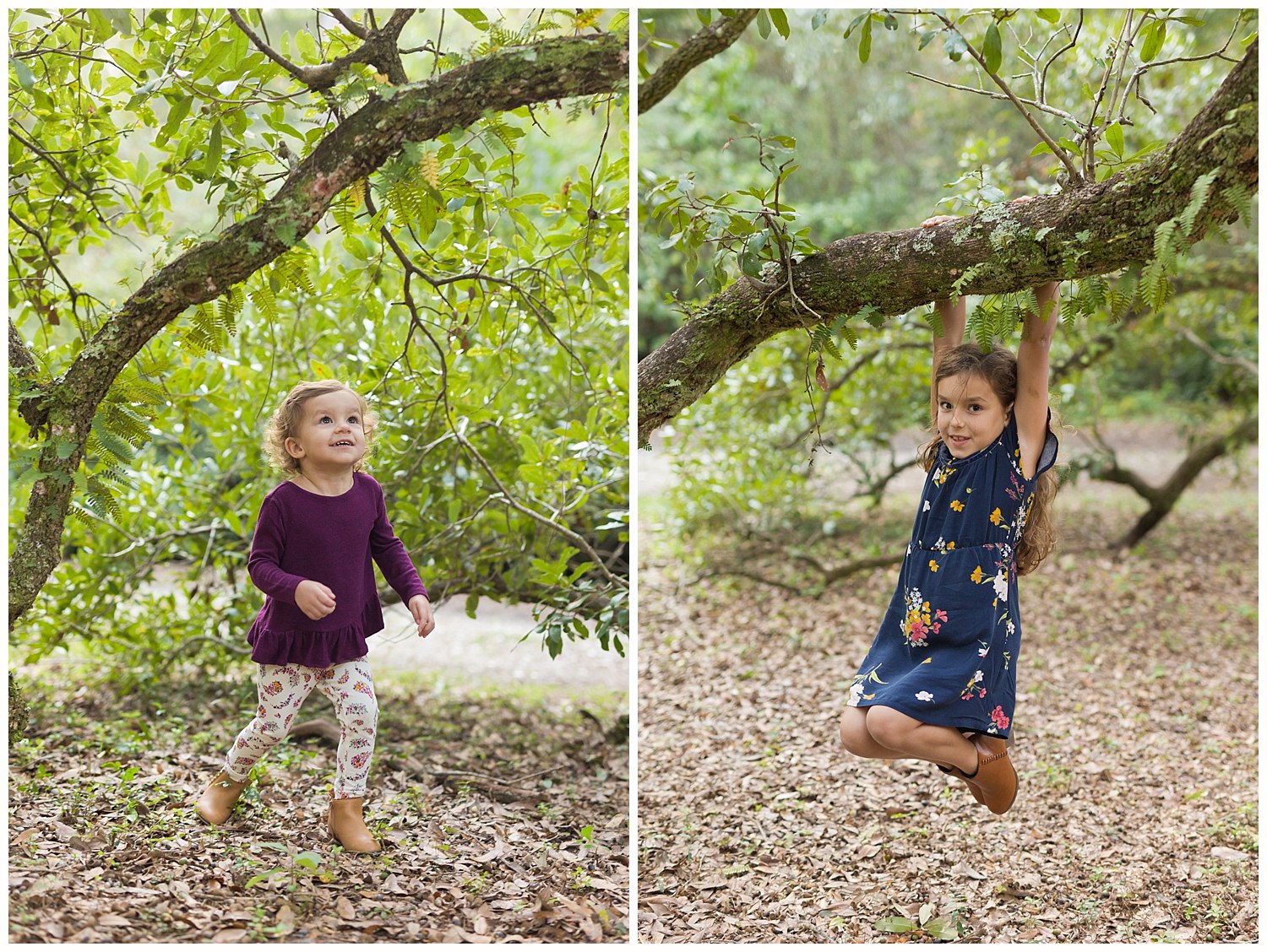 little girls playing on live oak branches