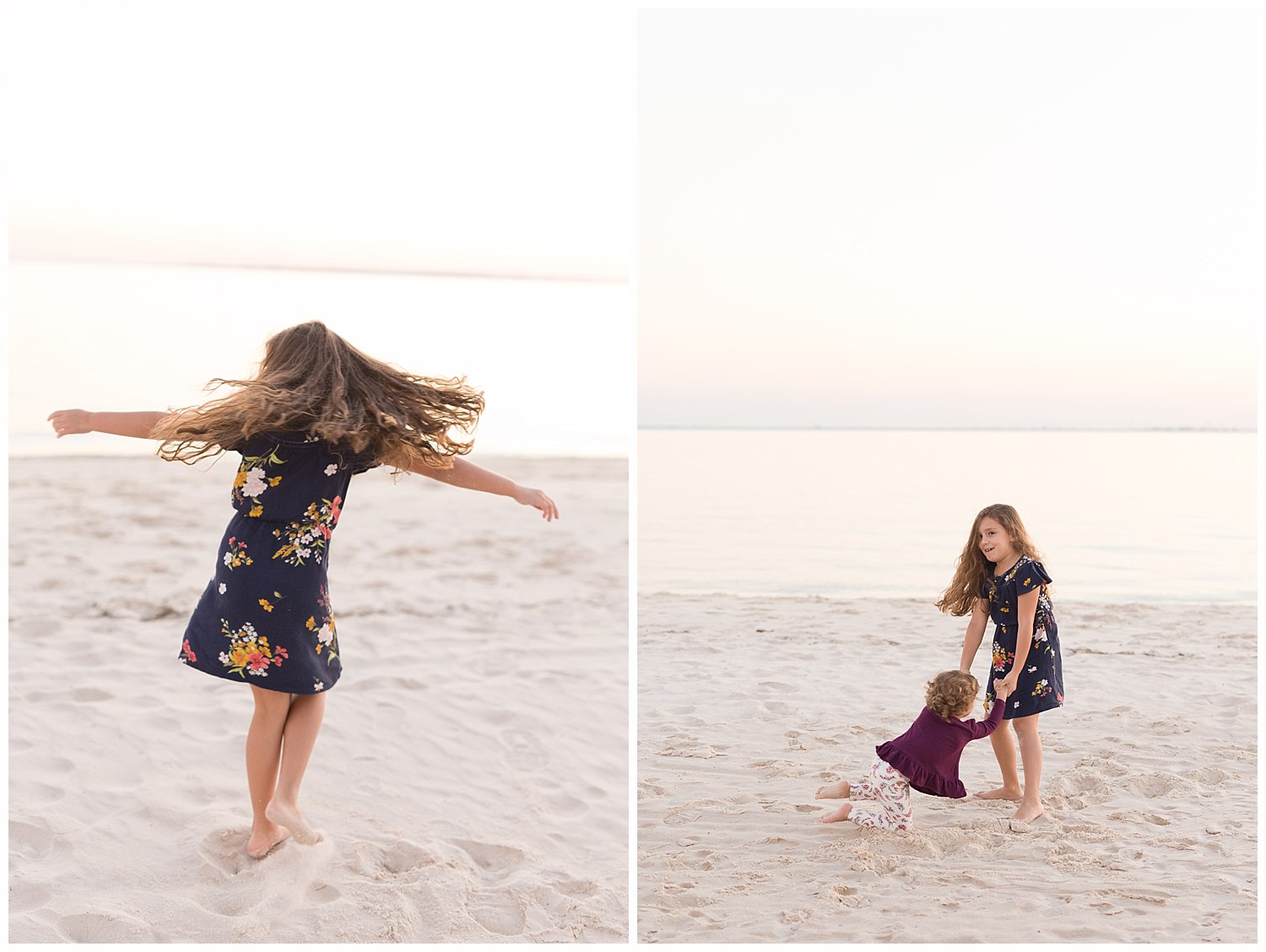 little girls twirling and spinning on the beach