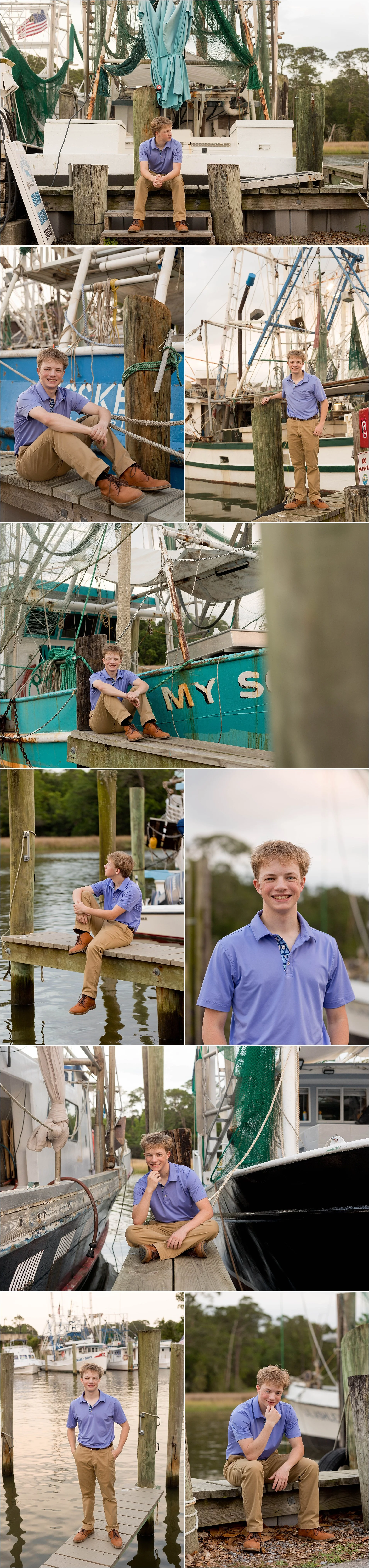 Ocean Springs senior portraits at harbor with shrimp boats, dock