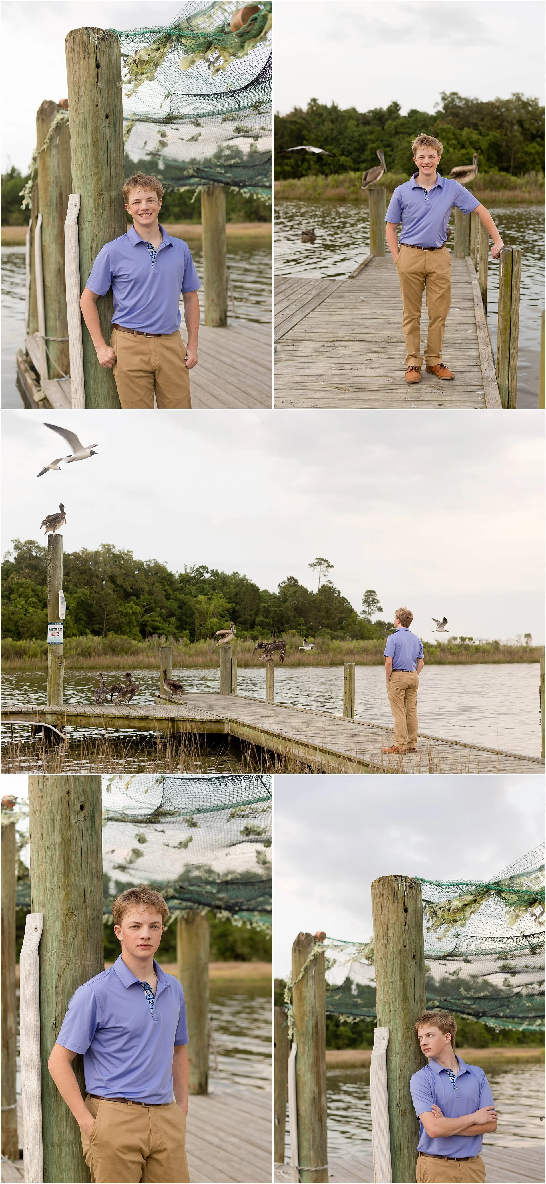 high school senior boy photos at Ocean Springs Harbor with pelicans, boardwalk, dock - boy in blue polo shirt and khaki pants