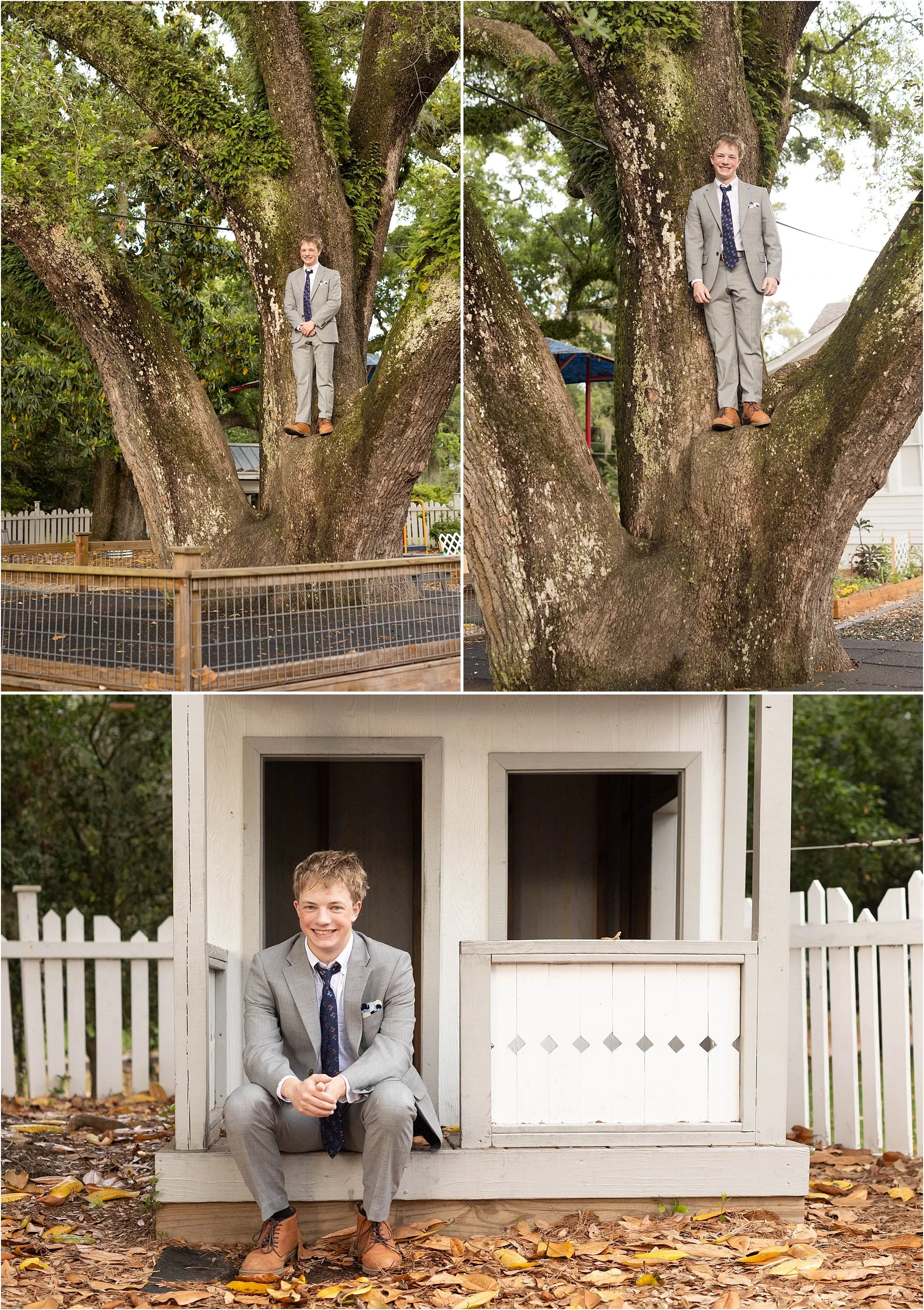 senior casuals with boy posing at his Montessori preschool