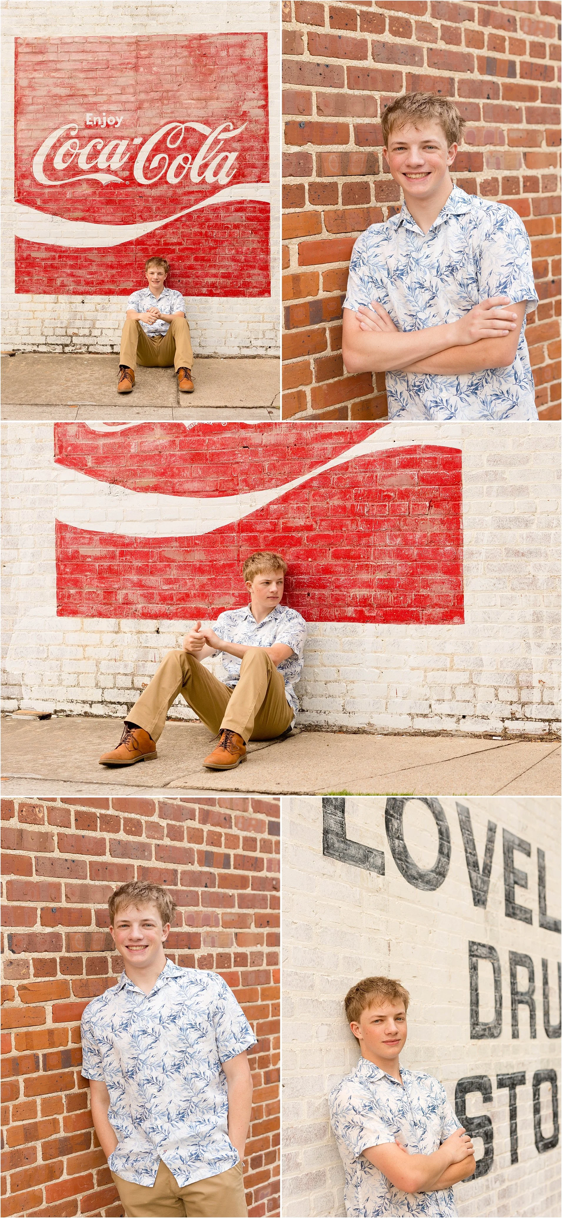 senior casuals with iconic Coca-Cola mural in downtown Ocean Springs