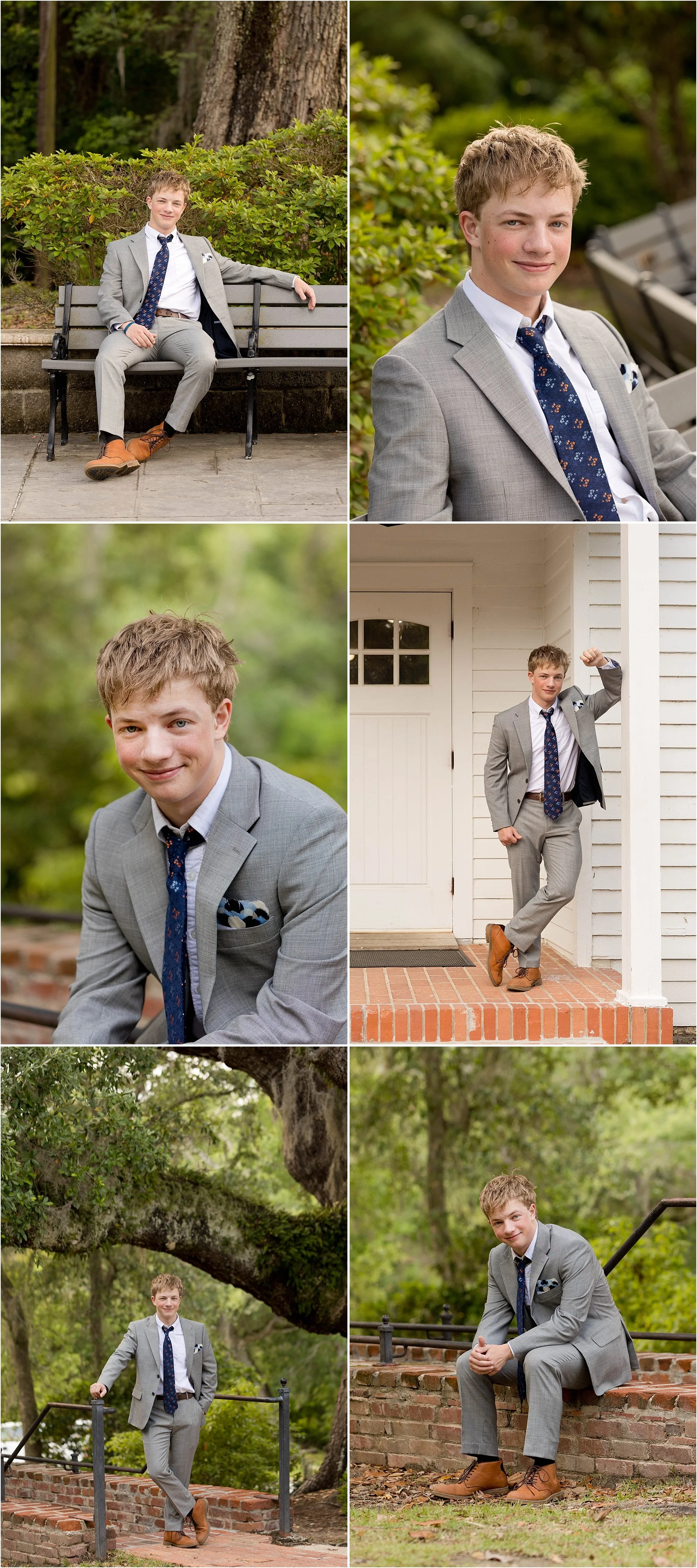 boys senior portraits at First Presbyterian Church in Ocean Springs - teen boy in gray suit, navy tie, feather pocket square posing with bench, porch, brick staircase