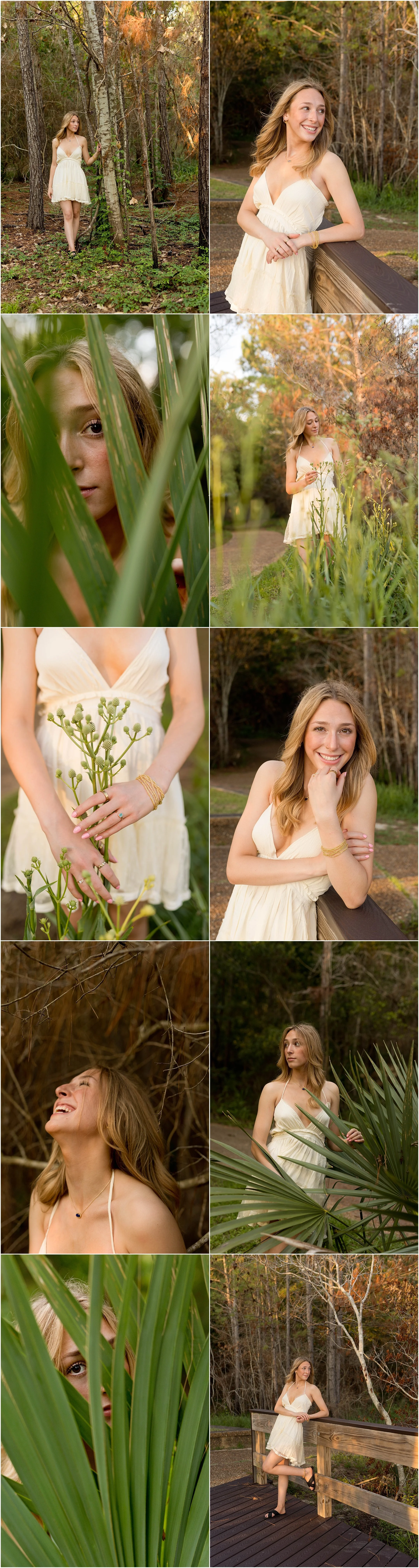 Ocean Springs senior casuals with palm leaves, forest, pier