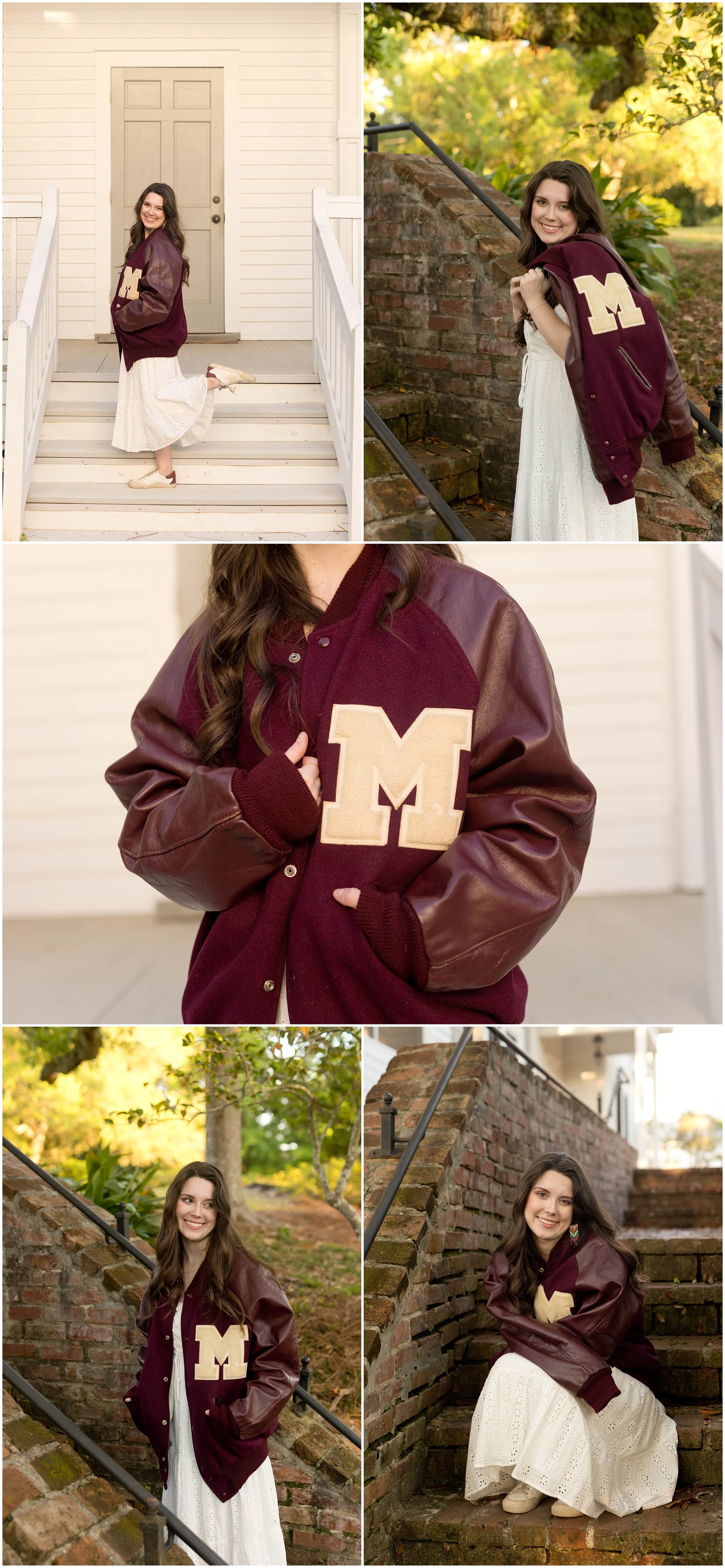 high school senior girl posing with grandfather's letter jacket from Mississippi State University