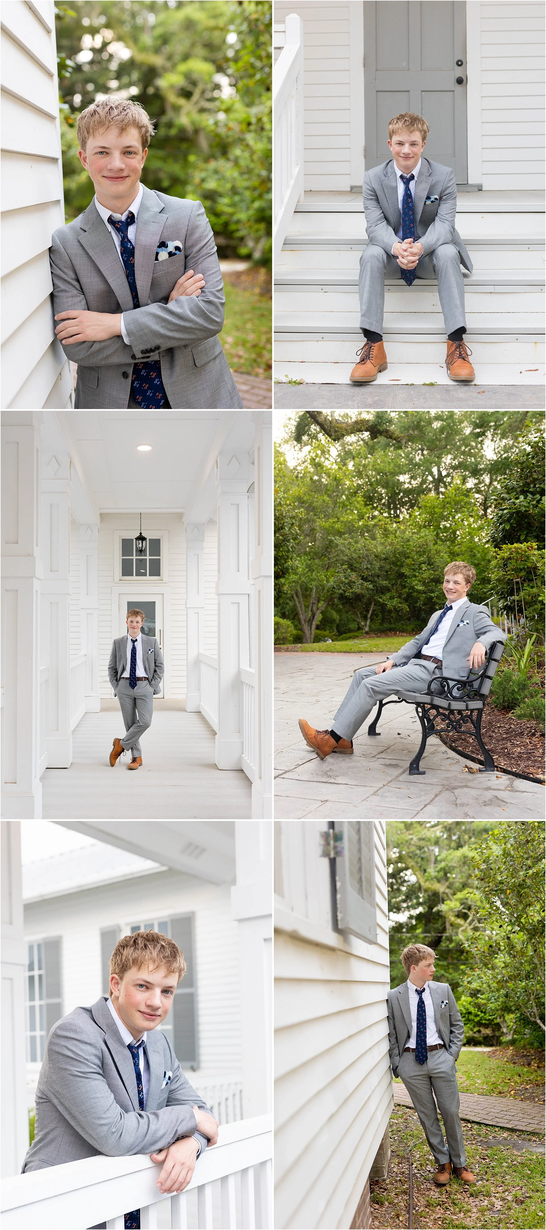 high school senior boy portraits with gray suit, white architecture, green trees in Ocean Springs, Mississippi
