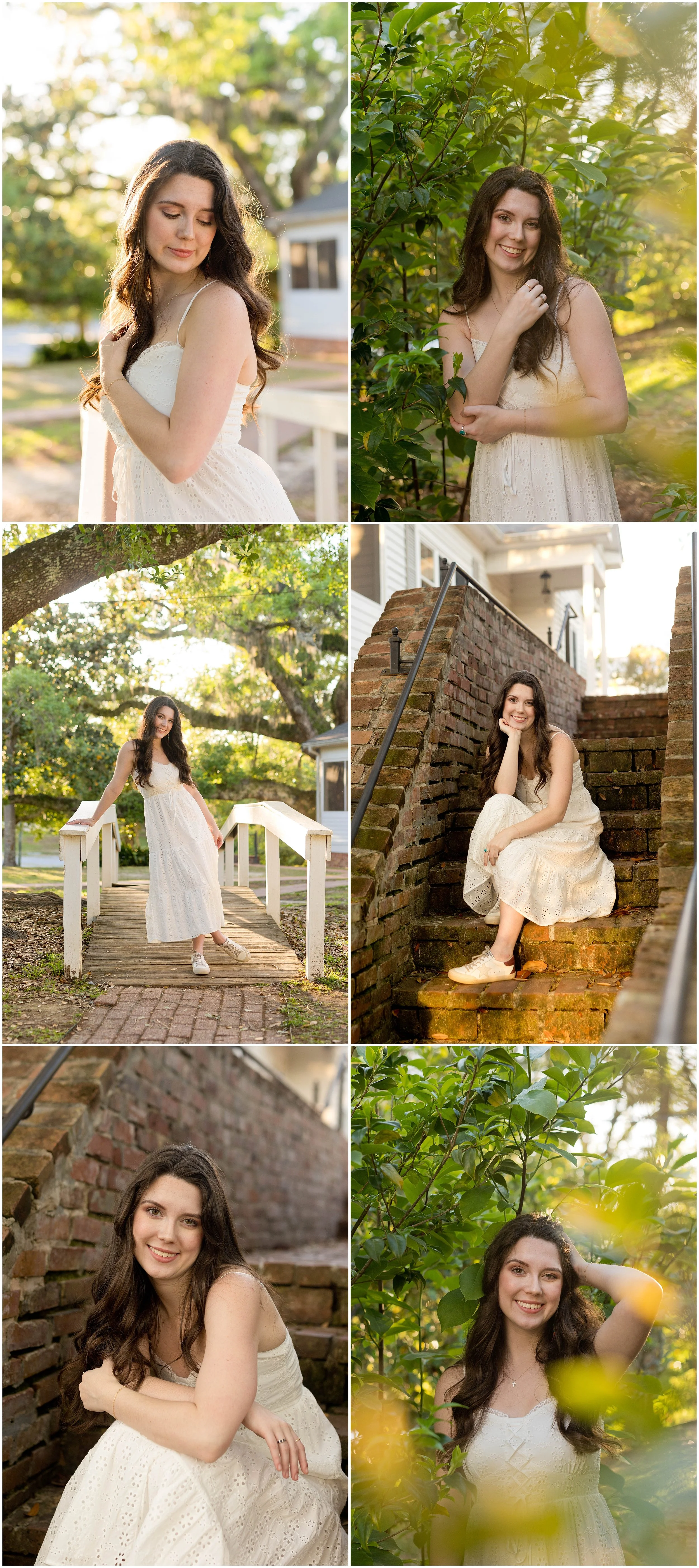 girls senior photos with white eyelet dress, greenery, and dreamy golden hour light - Ocean Springs photographer