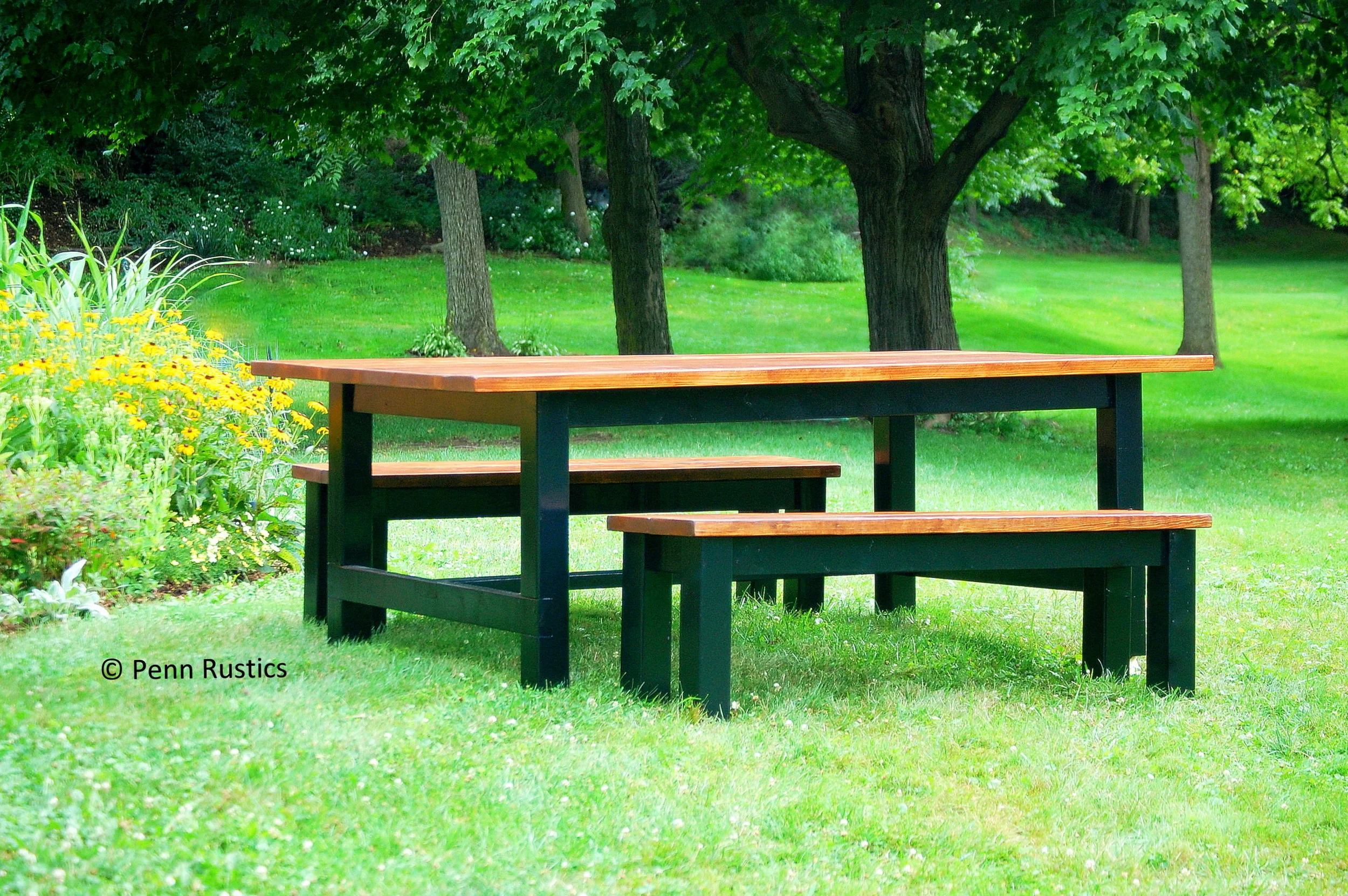 Wood Table and Bench Dining Set Country Rustic Solid Wood Farmhouse