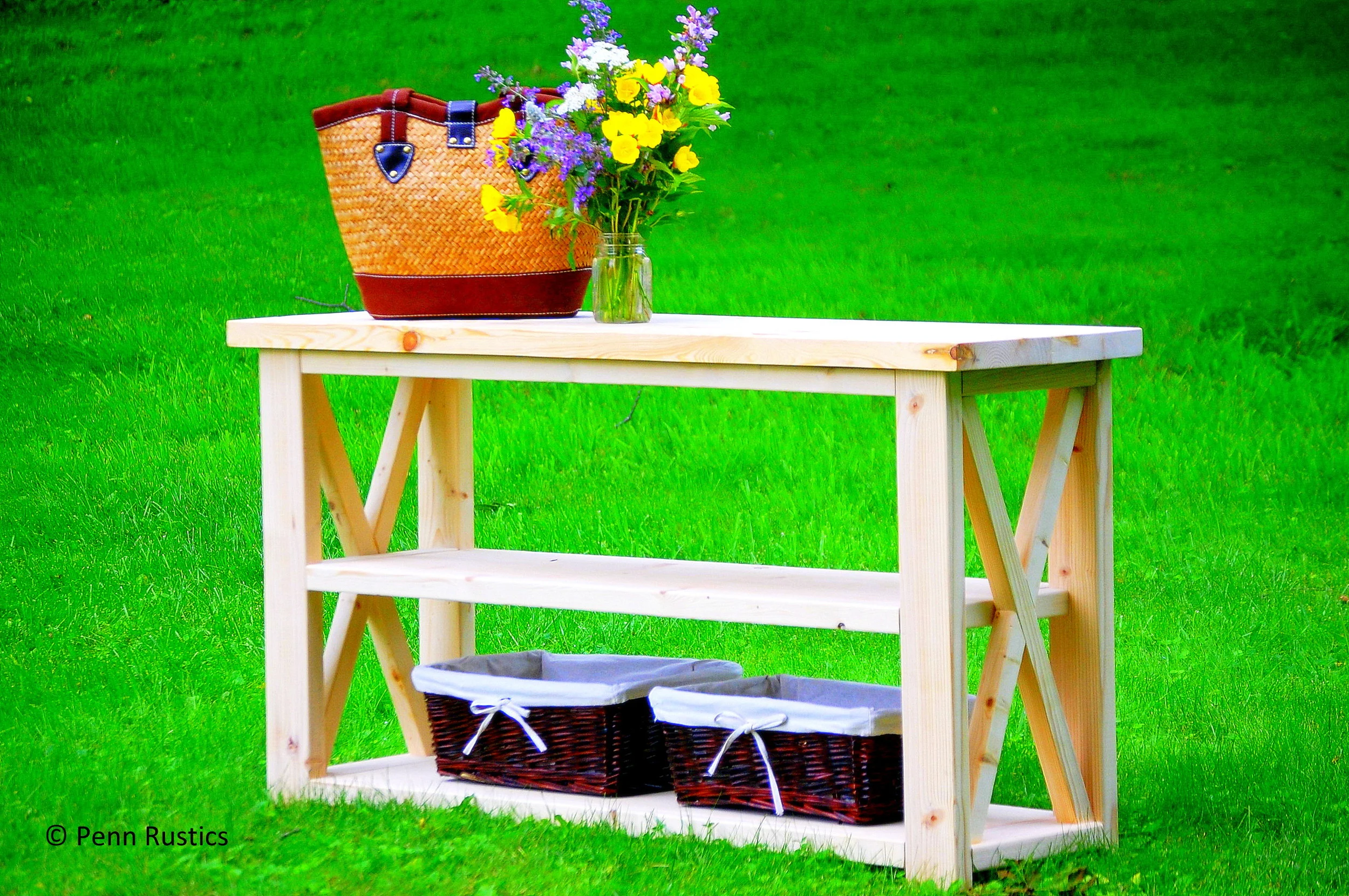 Solid Wood Rustic X Entryway Entertainment Media Console Sofa Wood