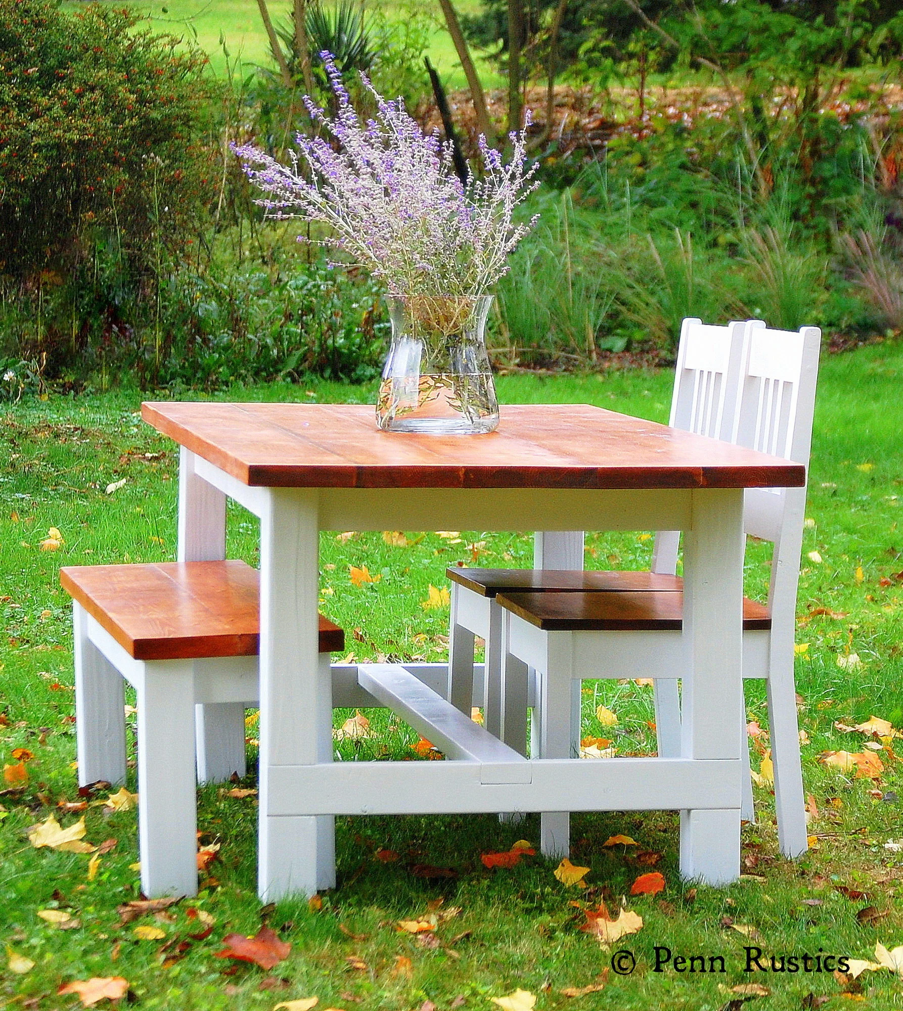 Rustic Country Cottage Farmhouse Dining Room Table, Bench & Two Chair