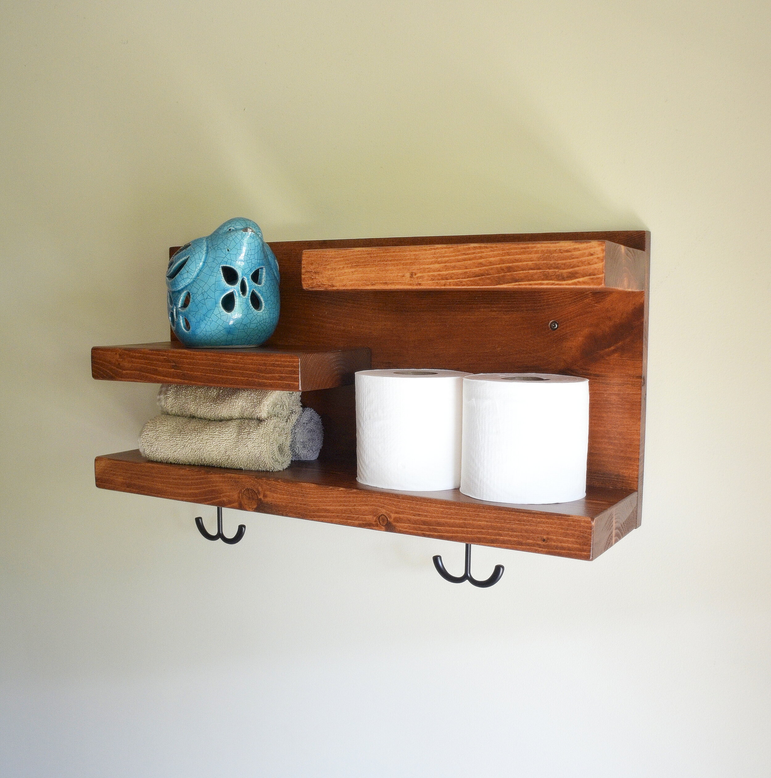 Wood Bathroom Entryway Shelf with Hooks Organizer Solid Wood Multi