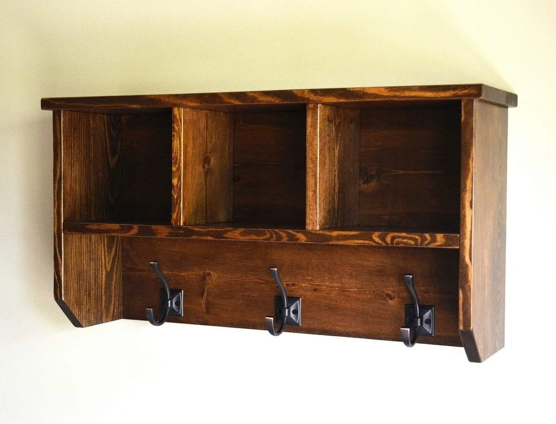 Solid Wood Coat Rack with Storage Shelf System Wall Mounted Cubical
