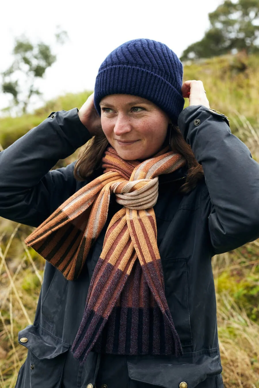 Dark autumnal cashmere scarf with navy hat by Collingwood-Norris.jpg