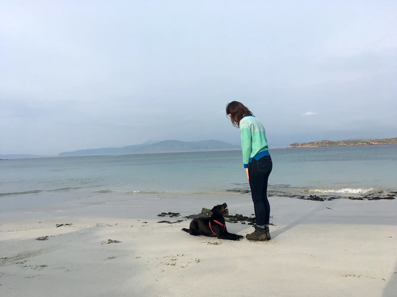 Islay Scoop Neck Jumper, on Iona at dusk.