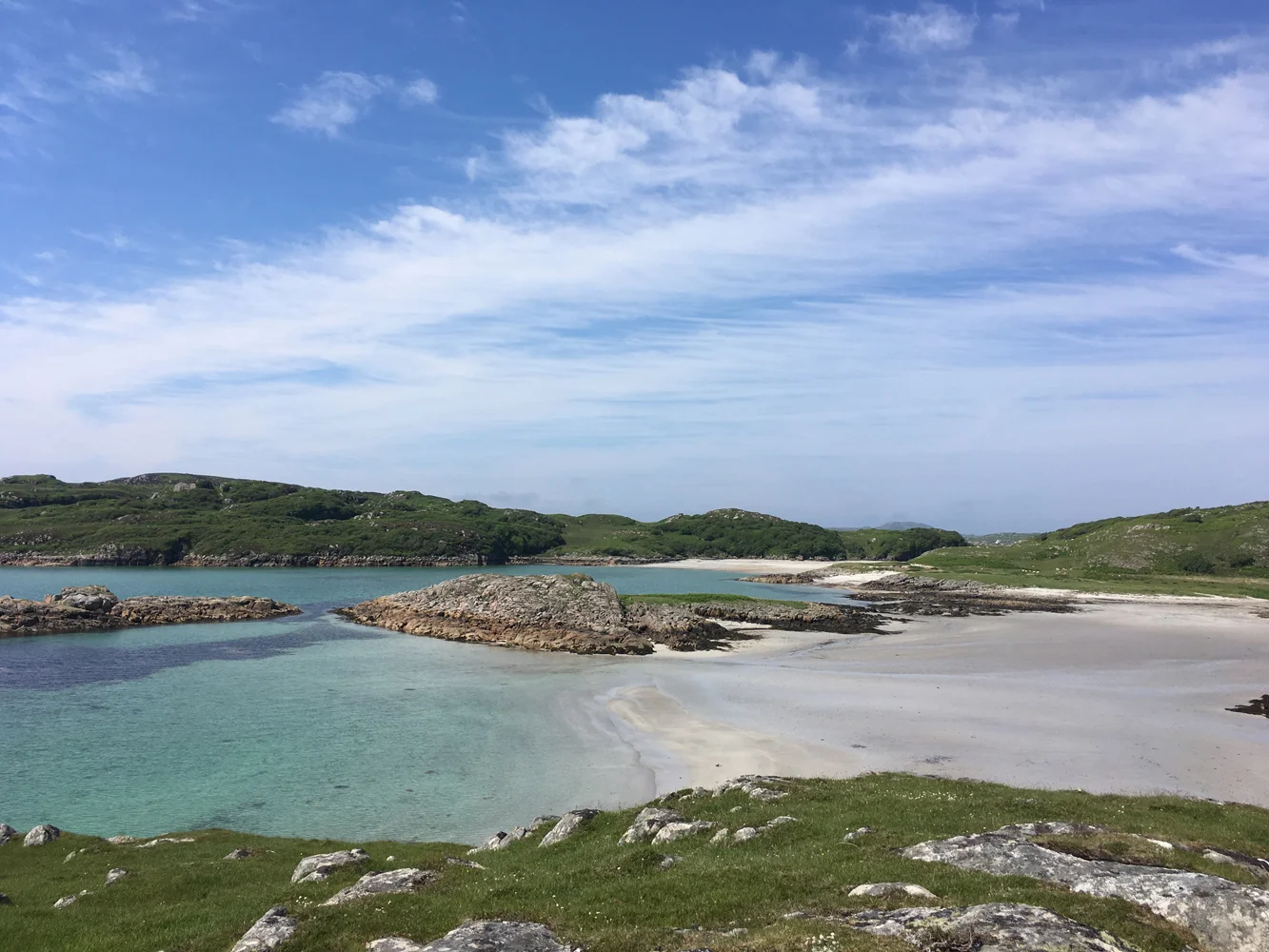 The beautiful turquoise waters with white sands that I love, on the Isle of Mull, looking towards Erraid.