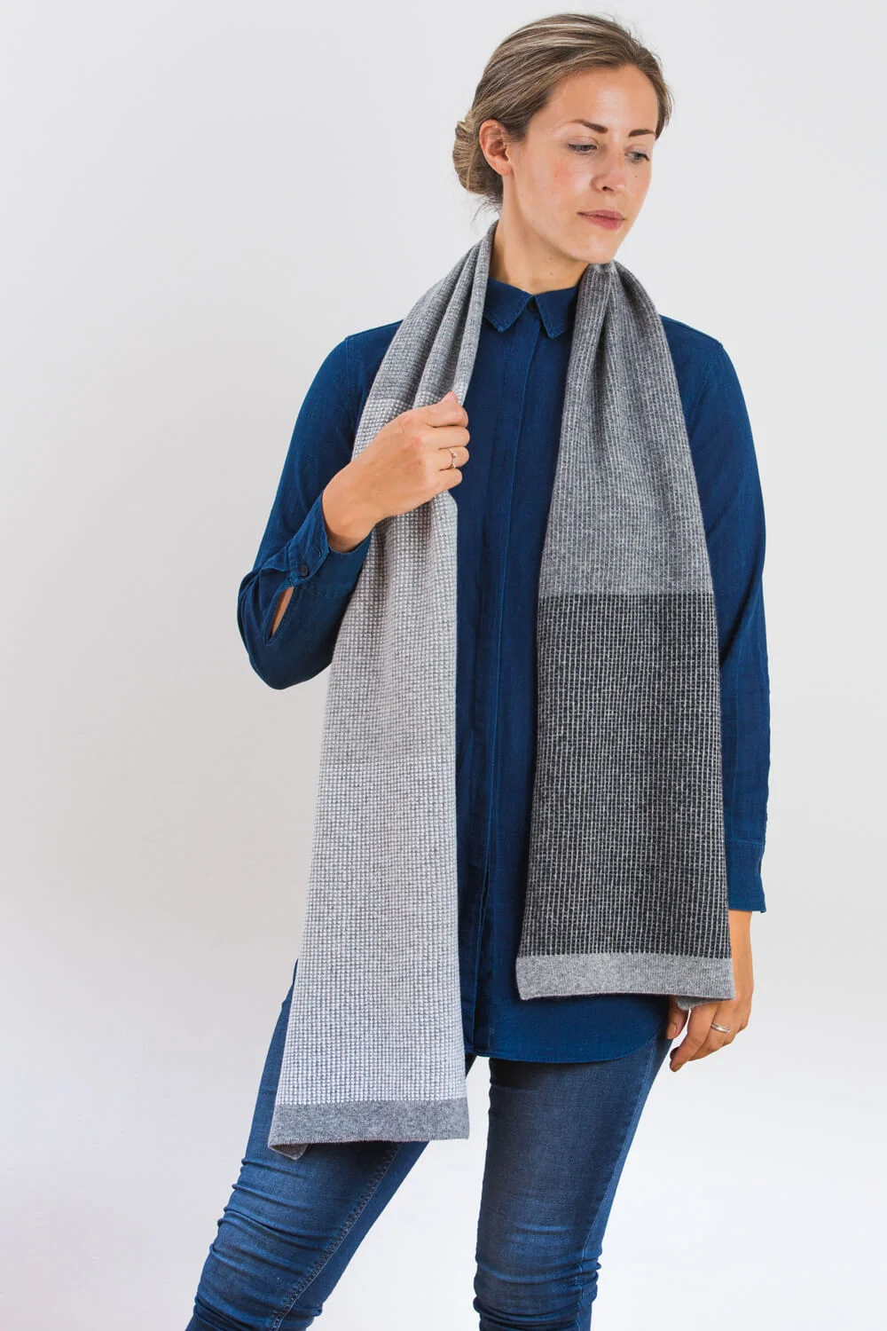 Mist scarf for men and women in greys. A soft lambswool scarf designed and made in Scotland. Luxury Contemporary Knitwear by Collingwood-Norris