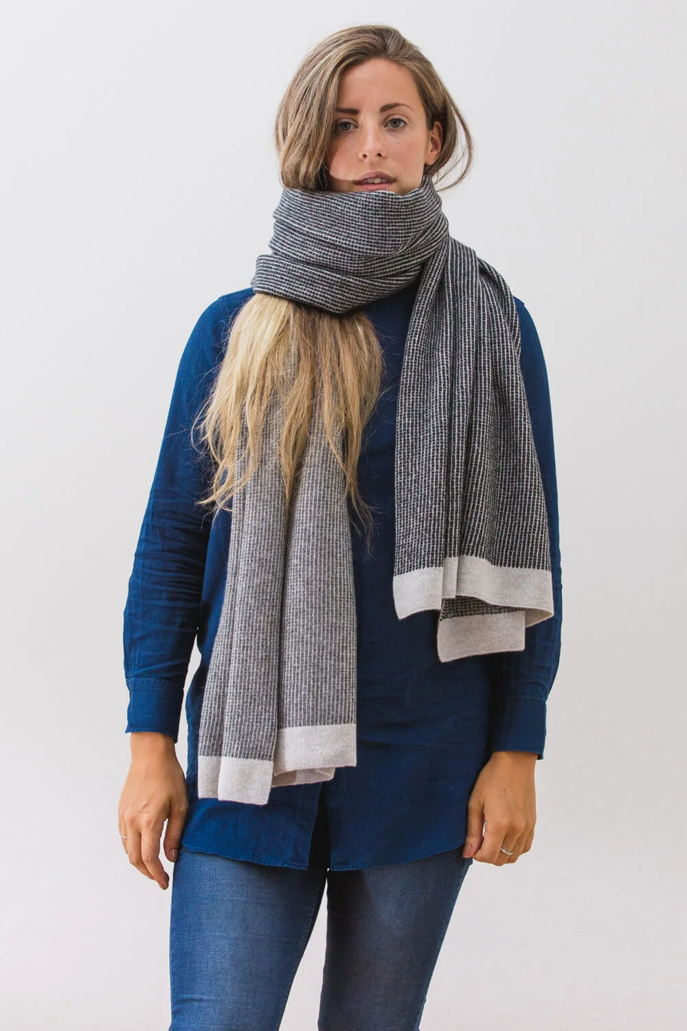 Mist Blanket scarf in greys. A soft lambswool scarf designed and made in Scotland. Luxury Contemporary Knitwear by Collingwood-Norris