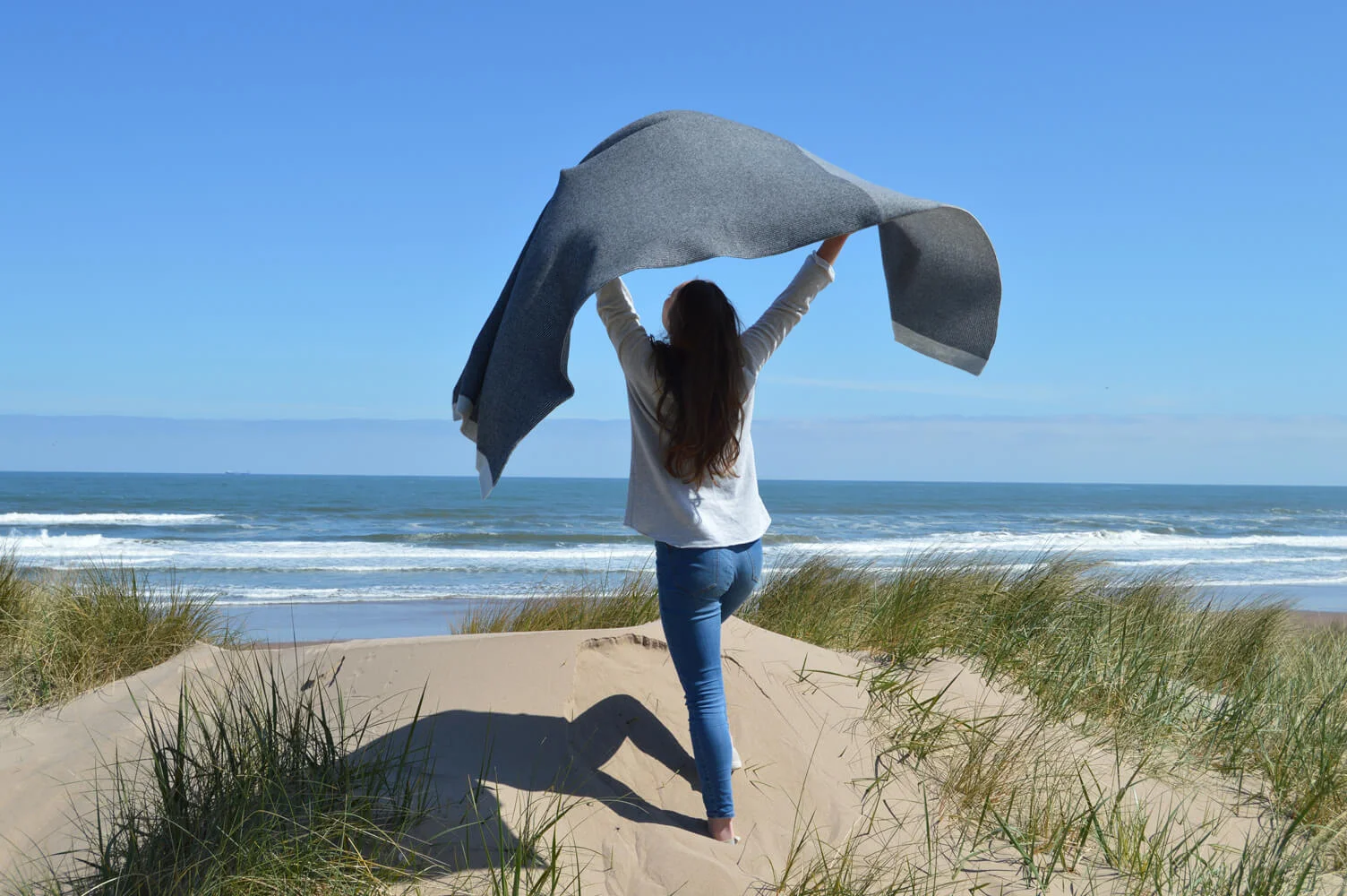 Designer Blanket scarf in greys in premium lambswool Made in Scotland. Luxury Scottish Knitwear