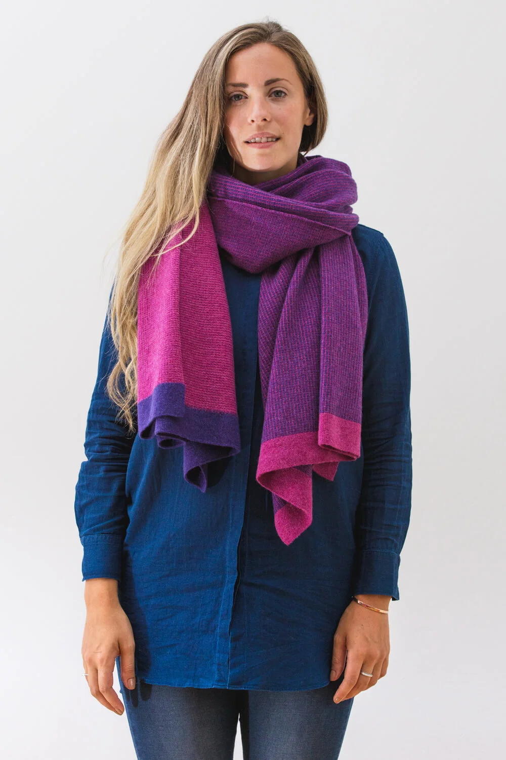 Designer Blanket scarf in Pink and Purple in premium lambswool Made in Scotland. Luxury Scottish Knitwear by Collingwood-Norris