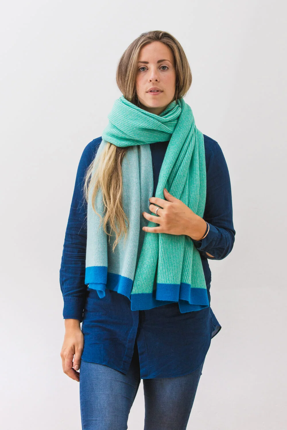 Designer Blanket scarf in pale blues and green in premium lambswool Made in Scotland. Luxury Scottish Knitwear by Collingwood-Norris
