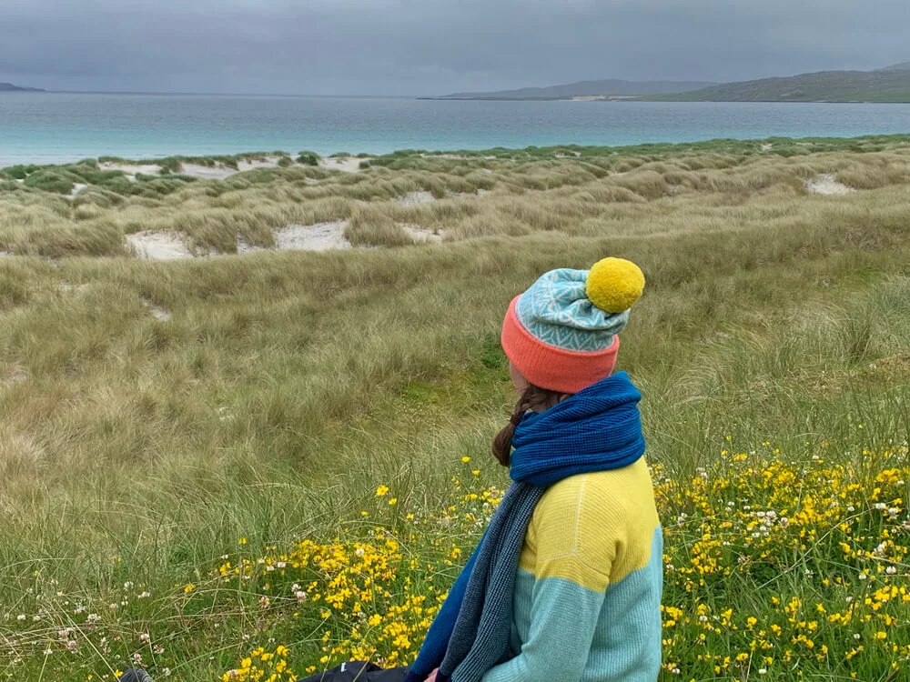 A sneaky peak of a new jumper that will be available from August, with Lismore blanket scarf and Ettrick hat, on Luskentyre beach.