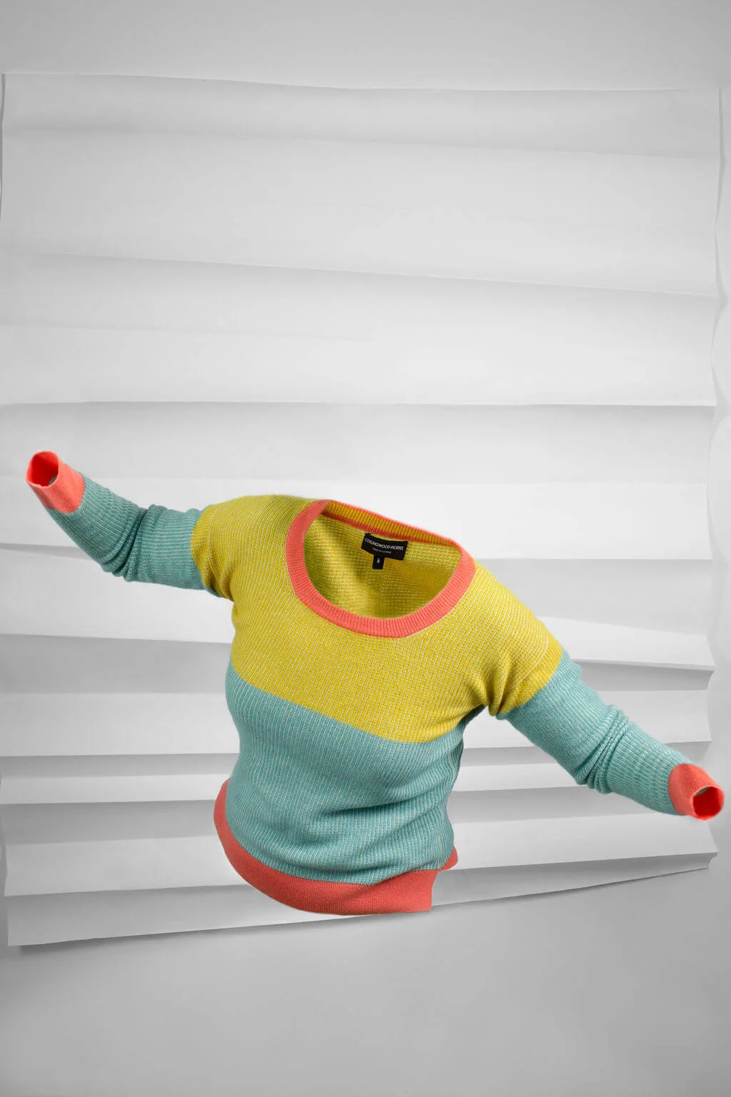 Womens Designer lambswool sweater in bright colour blocks. Made in Scotland by Collingwood-Norris