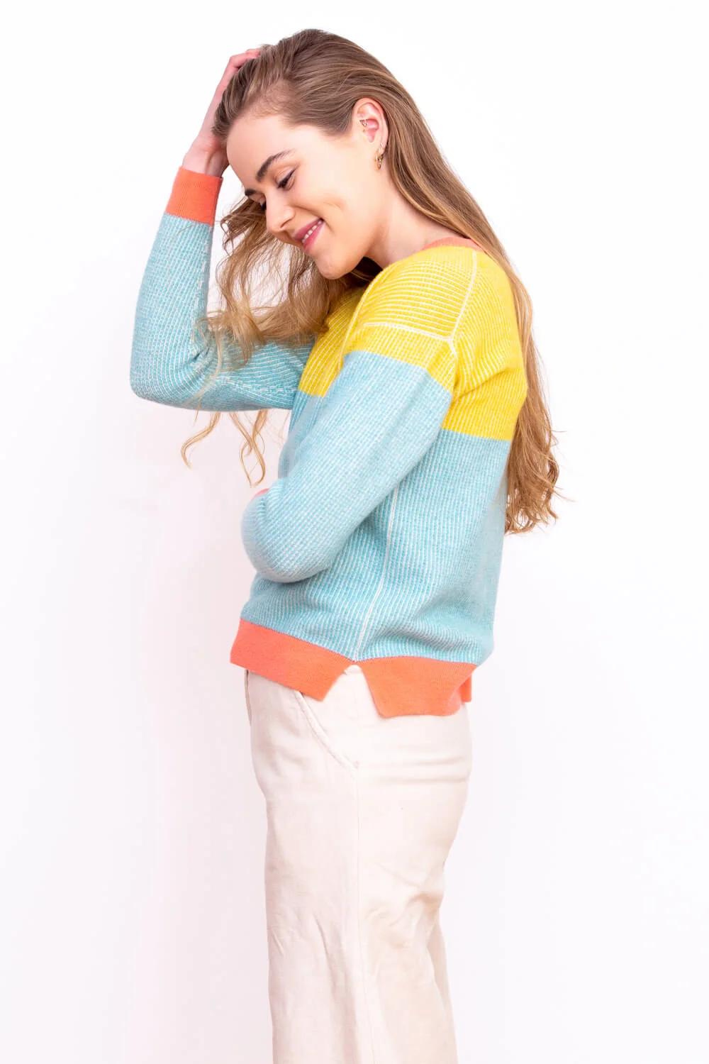 Womens Designer lambswool sweater in bright colour blocks. Made in Scotland by Collingwood-Norris